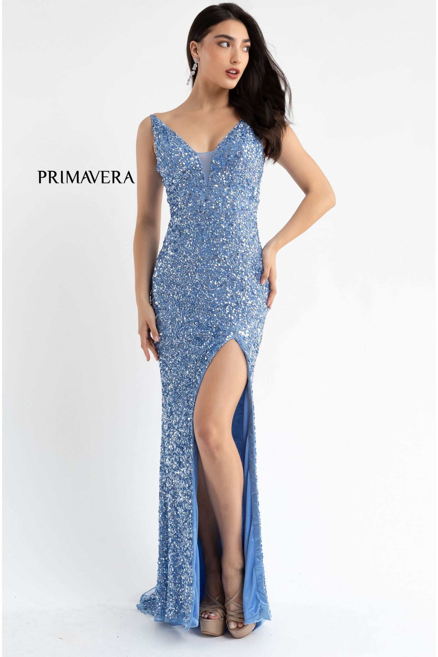 Primavera Couture 3792 Size 8 Bright Blue Sequin Prom Dress V Neckline Strappy Open Back Side Slit Train