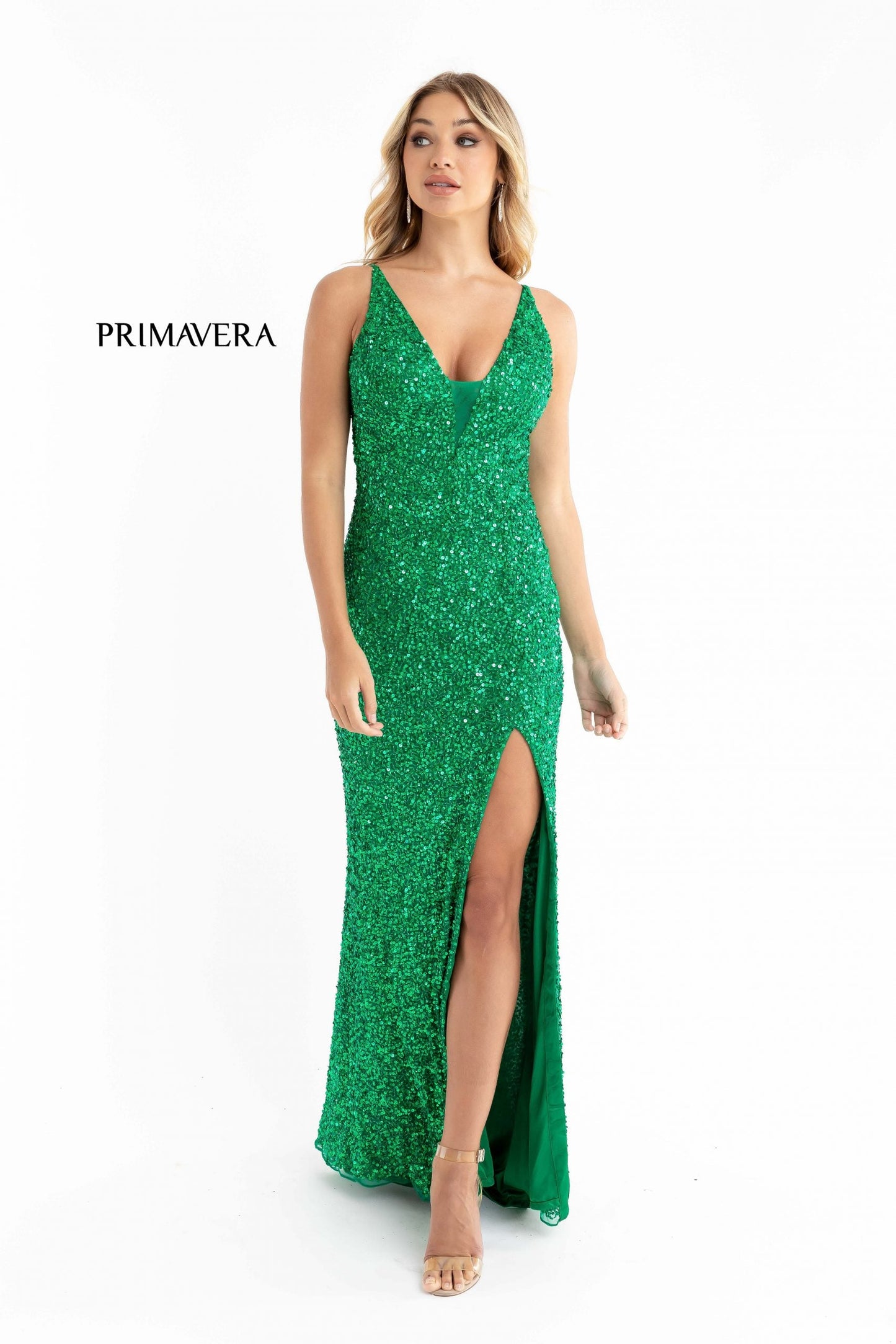 Primavera Couture 3792 Size 0, 12 Turquoise Sequin Prom Dress V Neckline Strappy Open Back Side Slit Train