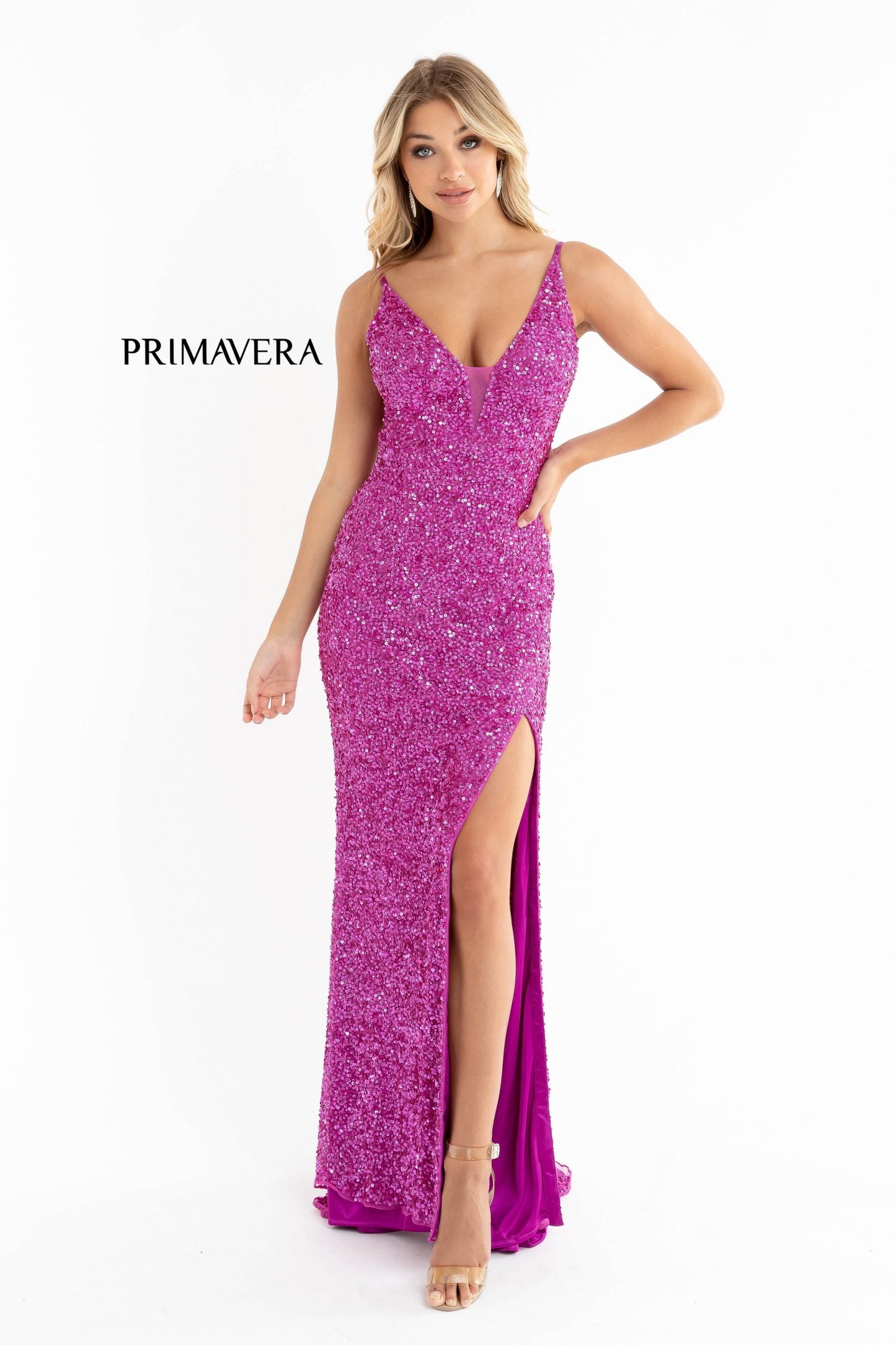 Primavera Couture 3792 Size 0, 12 Turquoise Sequin Prom Dress V Neckline Strappy Open Back Side Slit Train