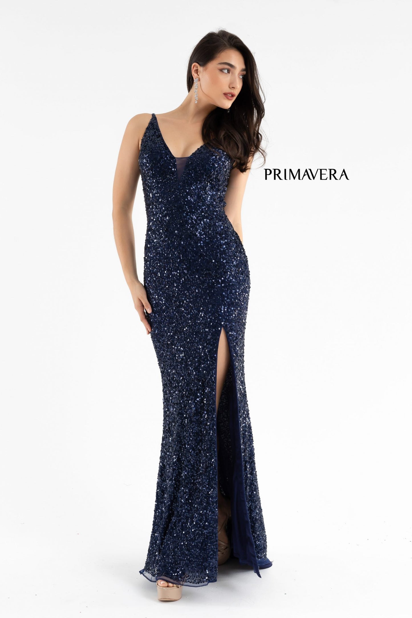 Primavera Couture 3792 Size 8 Bright Blue Sequin Prom Dress V Neckline Strappy Open Back Side Slit Train