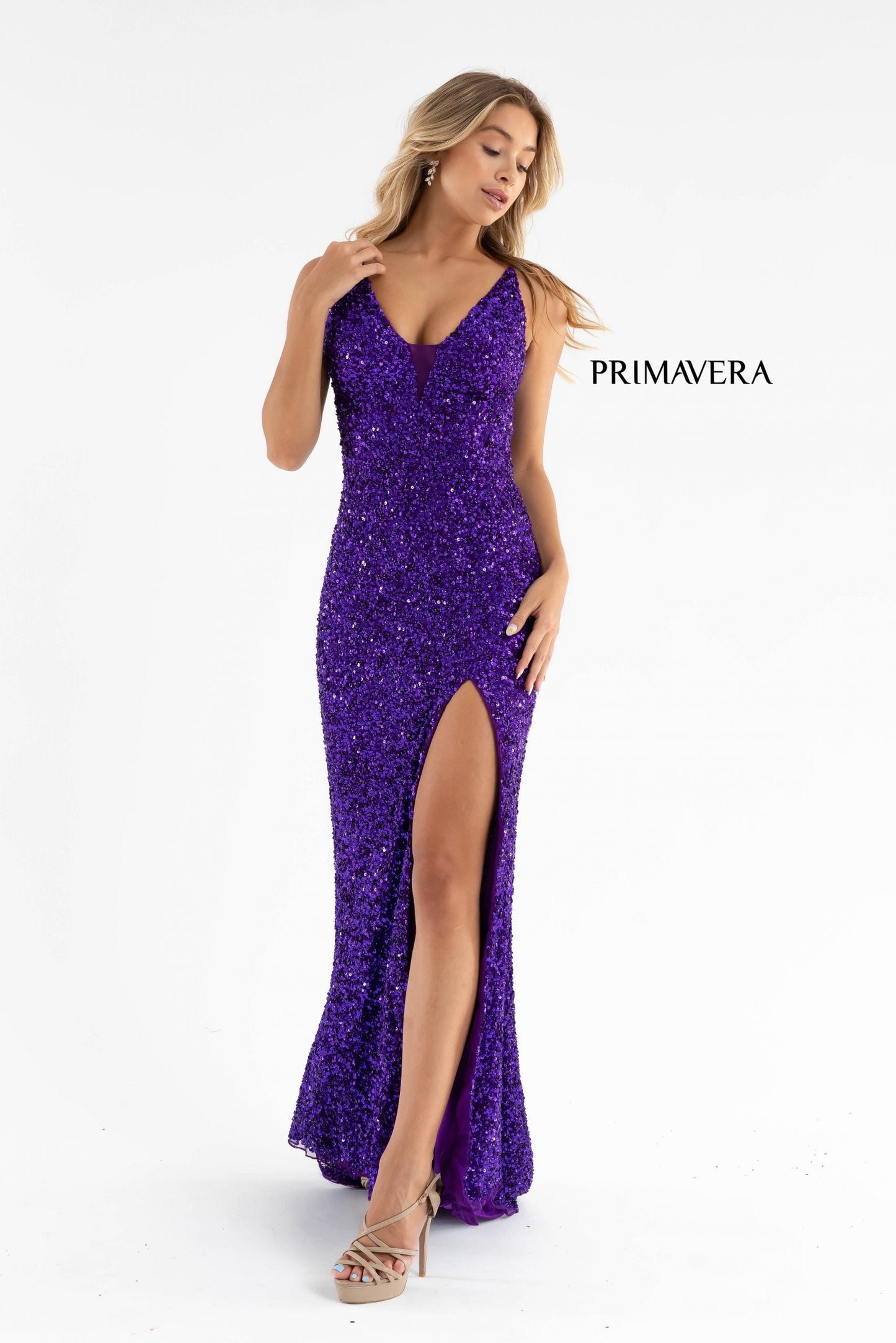 Primavera Couture 3792 Size 8 Bright Blue Sequin Prom Dress V Neckline Strappy Open Back Side Slit Train