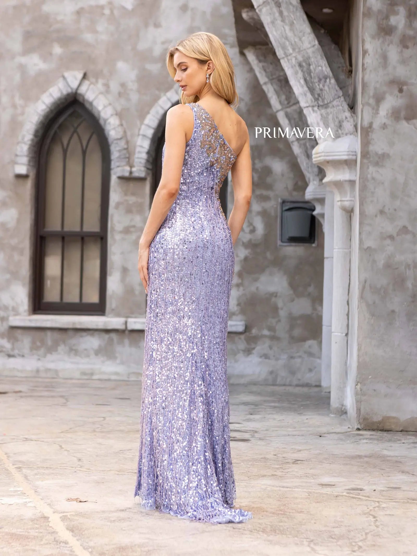 Primavera Couture 3906 Long Fitted Beaded Fringe Sequin Prom Dress One Shoulder Slit Formal Gown  Sizes: 000-24  Colors: Sage Green, Neon Pink, Orange, Lilac, Ivory, Black