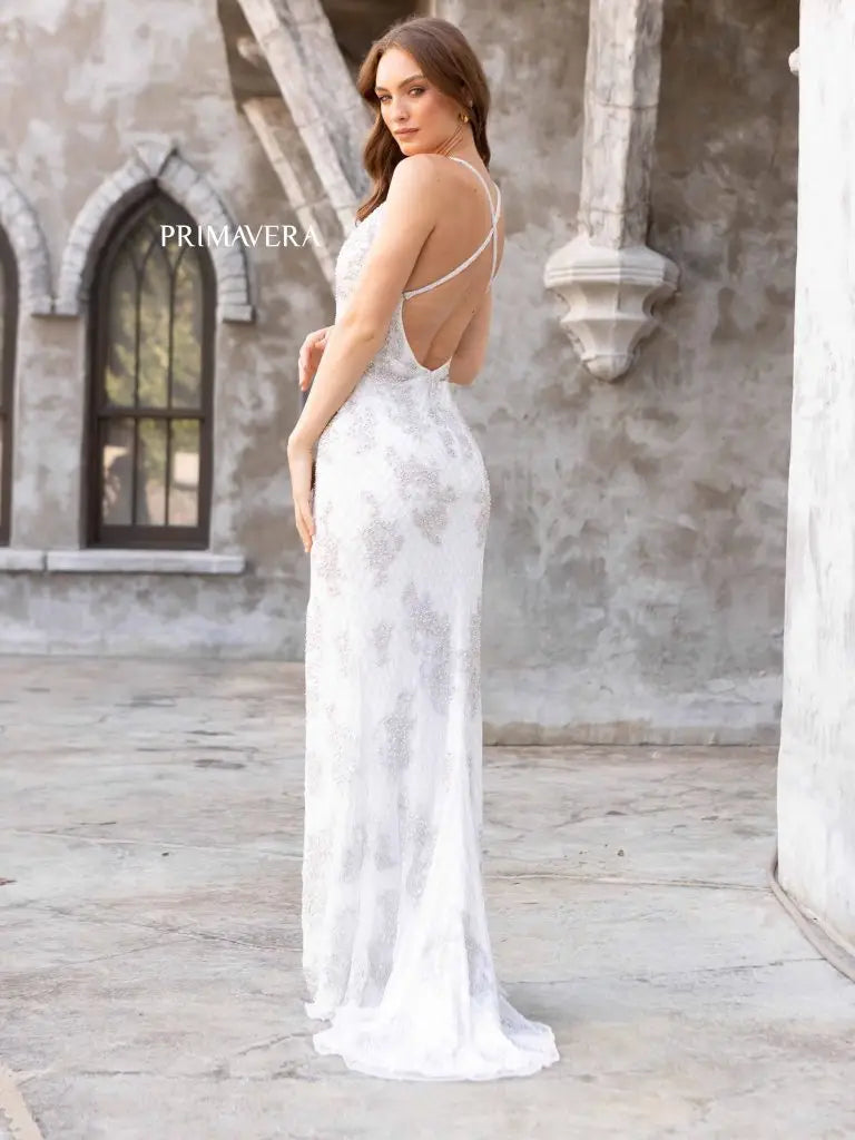 Primavera Couture 3907 Long Beaded Lace Backless Prom Dress V neck formal Evening Gown slit  Sizes: 000,00,0,2,4,6,8,10,12,14,16,18,20,22,24  Colors: Black, Ivory, Powder Blue, Royal Blue