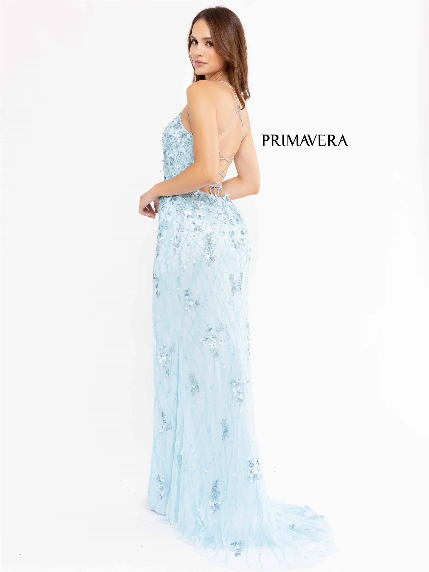 Primavera Couture 3917 Long Fitted Backless Beaded 3D Floral Sequin Corset Prom Dress Slit  Sizes: 000-24  Colors: Powder Blue, Red, Purple