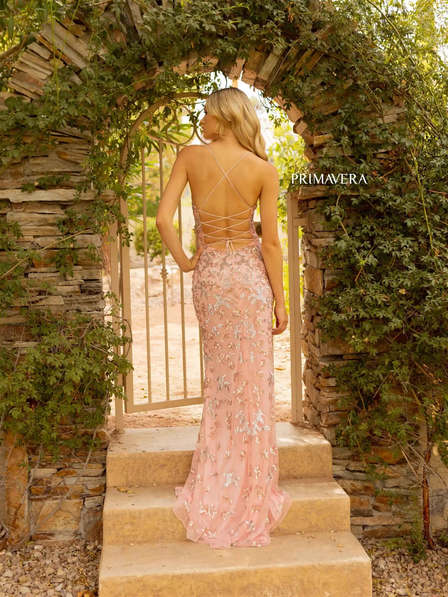 Primavera Couture 3920 Prom Dress Long Beaded Gown. This Gown has a corset back plus a slit. 