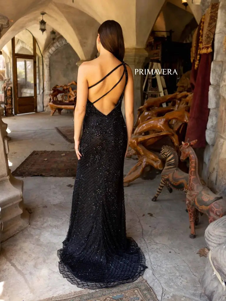 Primavera Couture 3921 Long Fitted Beaded Feather One Shoulder Prom Dress Slit Backless Gown  Sizes: 000-24  Colors: Black, Nude, Red