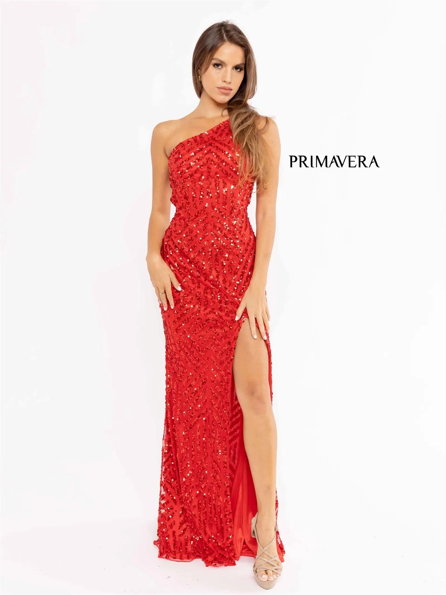 Primavera Couture 3951 Prom Dress Long Beaded Dress. This Gown has a beautiful one shoulder it has a gorgeous se design going down the dress. 