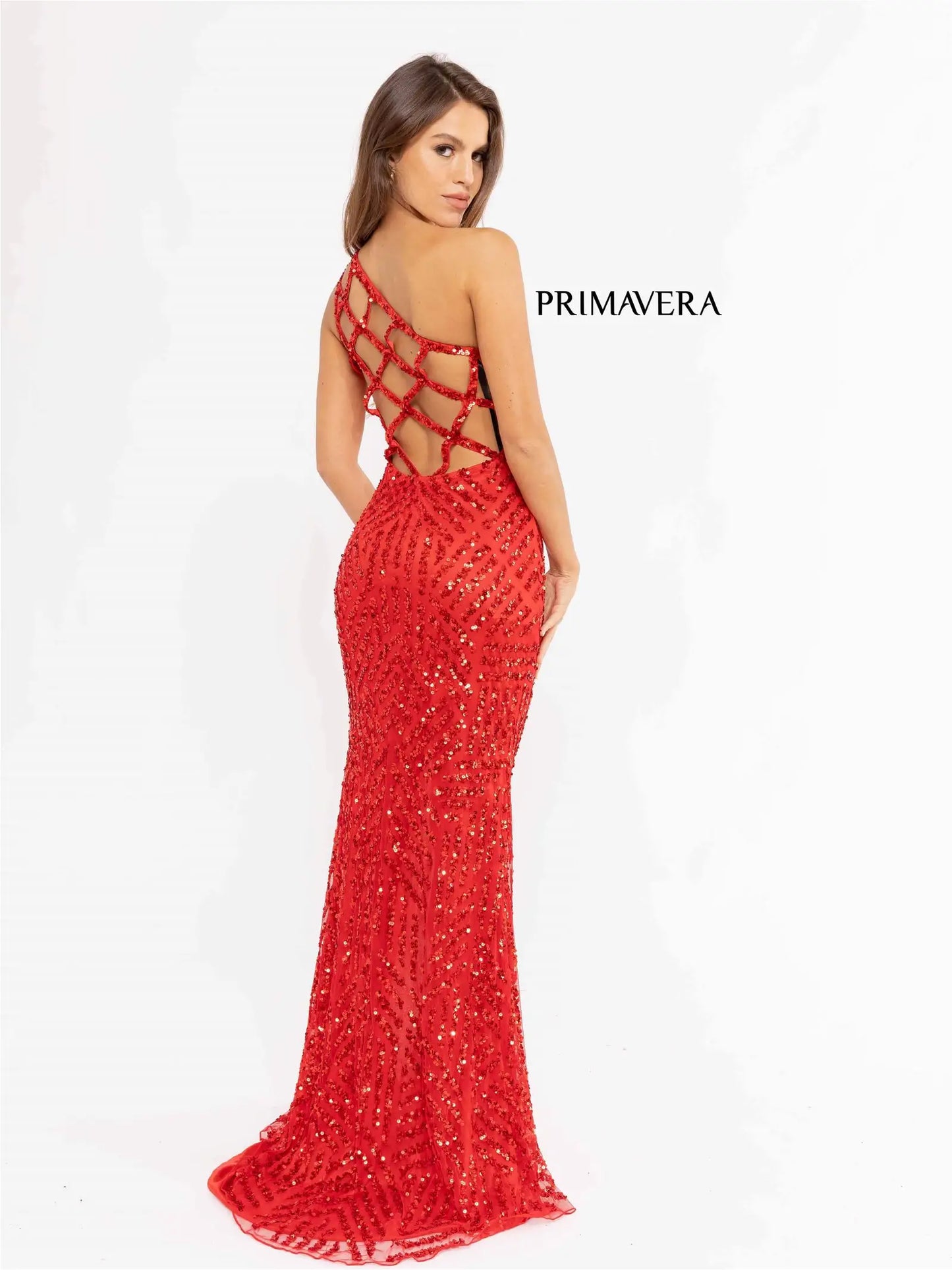 Primavera Couture 3951 Prom Dress Long Beaded Dress. This Gown has a beautiful one shoulder it has a gorgeous se design going down the dress. 