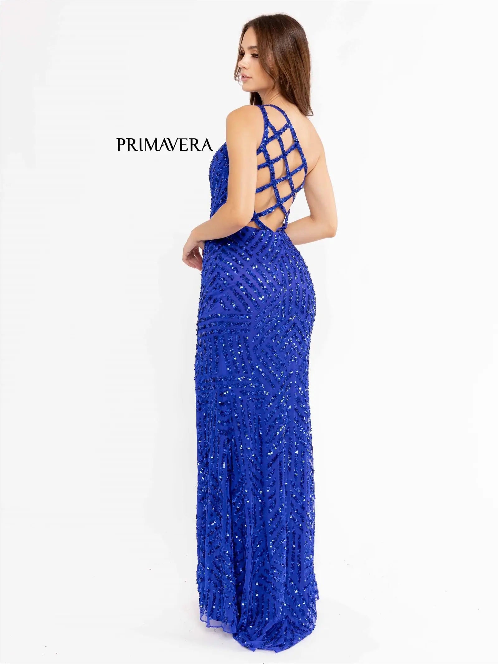 Primavera Couture 3951 Prom Dress Long Beaded Dress. This Gown has a beautiful one shoulder it has a gorgeous se design going down the dress. 