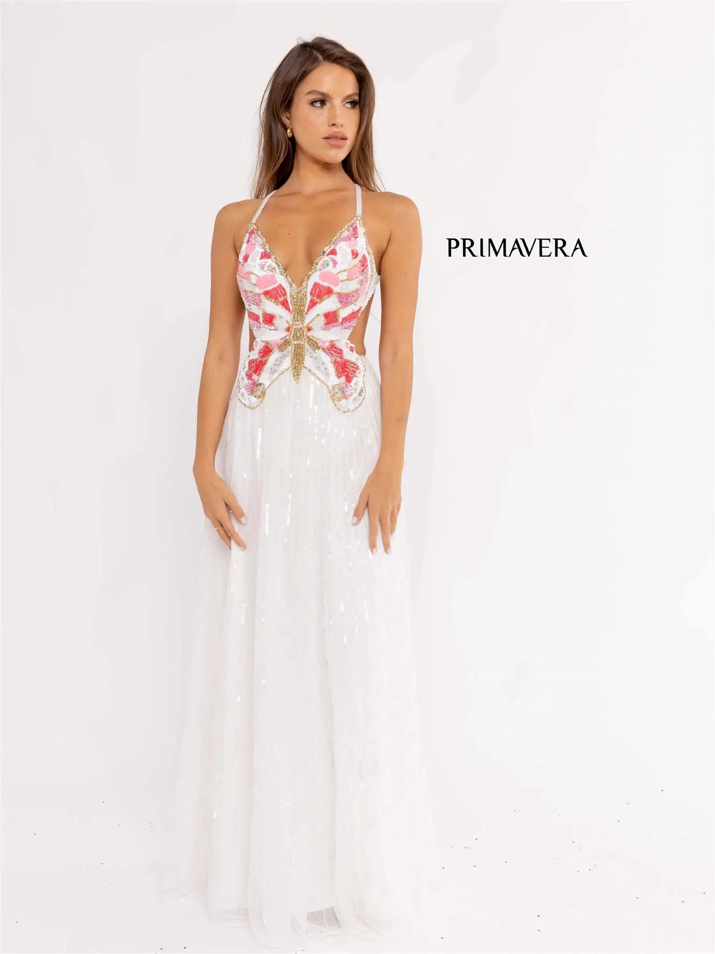 Primavera Couture 3957 Prom Dress Long Beaded Gown. This gown has a beautiful butterfly design on it. Such a beautiful hand beaded gown.