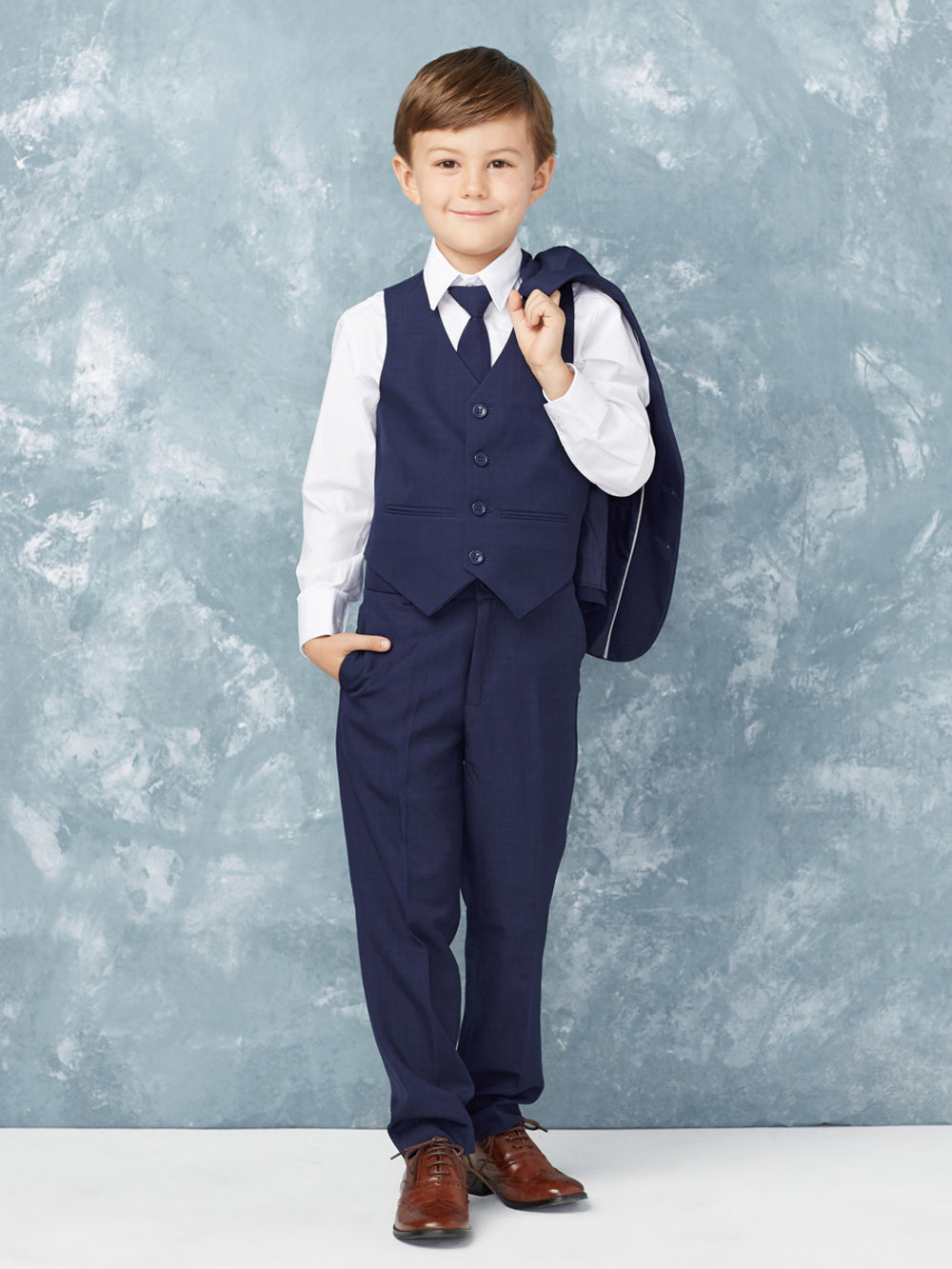 INK BLUE Boys Slim Fit Tuxedo Set Complete with Pants, Shirt, Vest, Long Tie & Jacket