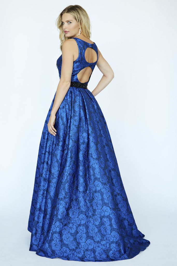 Jolene Collection 19061 Size 12 Royal and Black Floral Print Brocade Dress V Neck Prom Gown Pockets