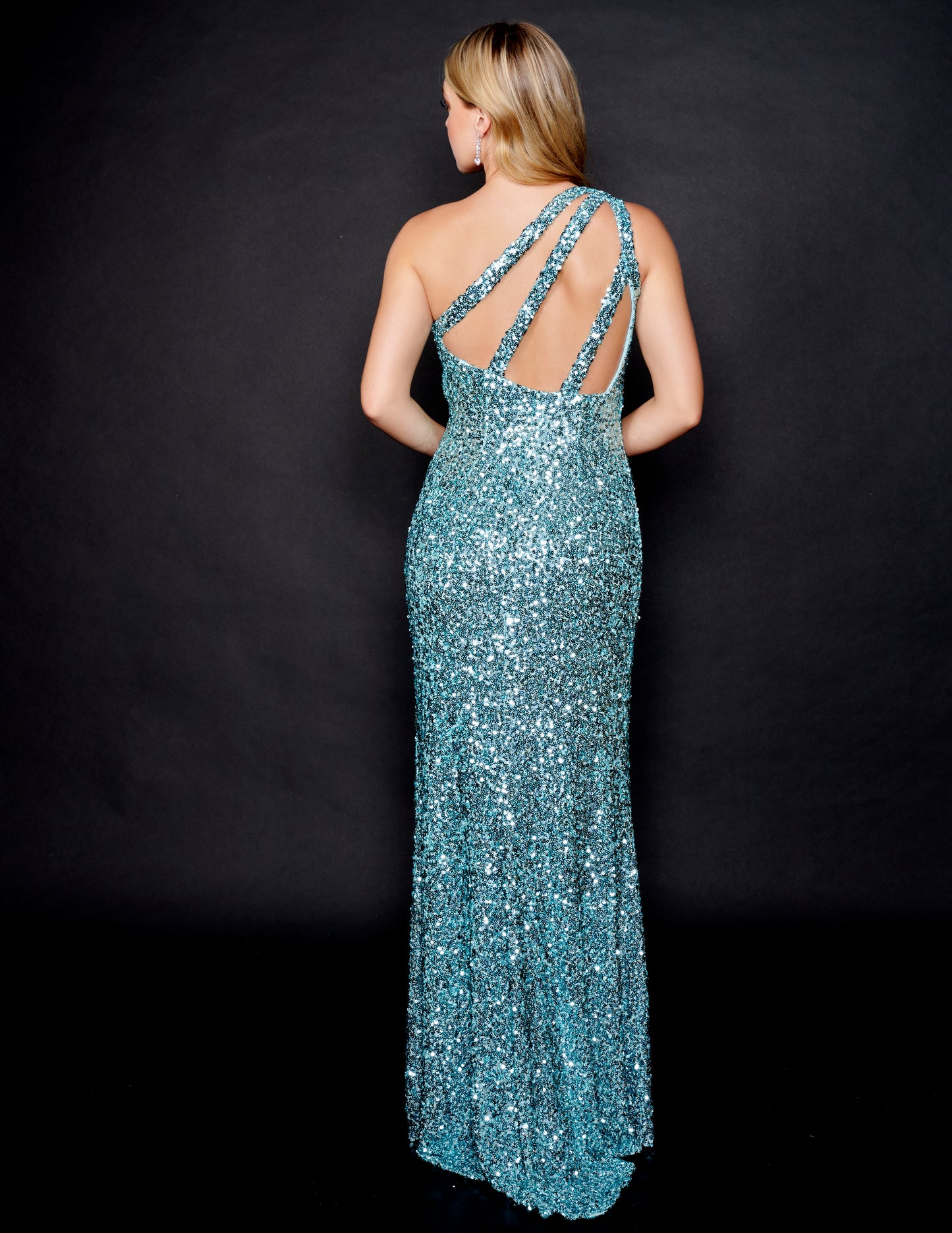 Nina Canacci 4308 One Shoulder Prom Dress Sequins Open Back with Straps Slit