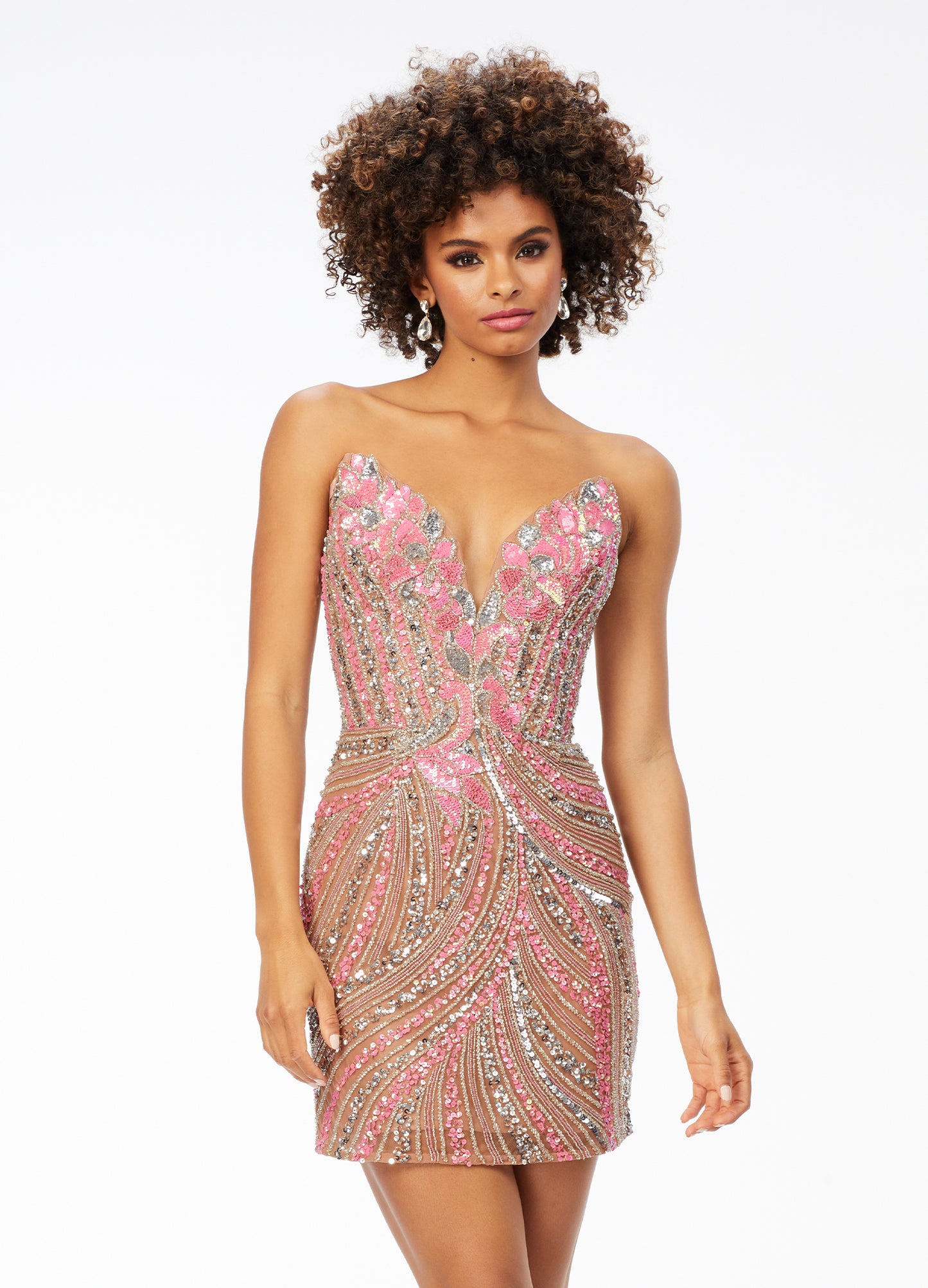 Ashley Lauren 4500 This knockout Short cocktail dress features a plunging V neckline and back and is made of sequins.  It has a beautiful multi colored sequin pattern that makes this dress stand out.  