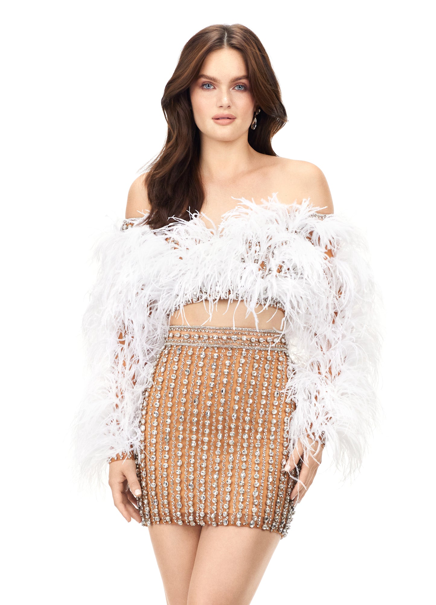 Ashley Lauren 4562 Two Piece Cocktail Dress with Beaded Skirt and Feathers