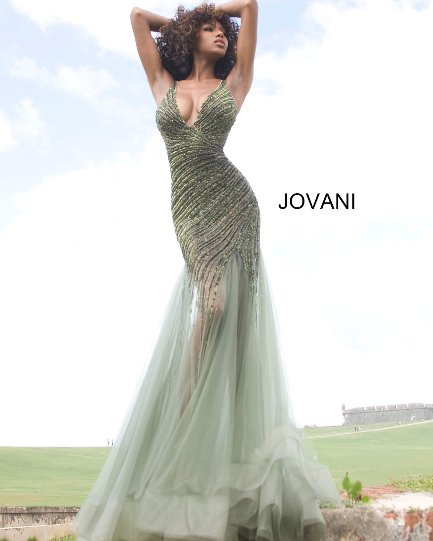 Jovani 4741is a long 2020 Prom, Pageant & Formal Evening Dress. Featuring a Heavily crystal embellished bodice cascading into the Sheer flared trumpet tulle skirt. Deep V neckline with an open V back. Sheer mesh cutout side panels. Full Tulle Trumpet skirt. Perfect for Pageants & Red Carpet Events!  Available Colors: Nude, Sage  Available Sizes: 00,0,2,4,6,8,10,12,14,16,18,20,22,24