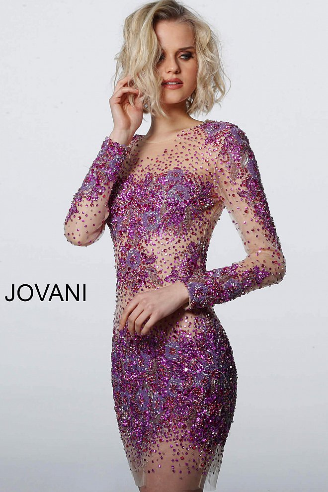 Jovani 47598 is a sheer beaded & Crystal Rhinestone Embellished short fitted cocktail dress. Featuring long sleeves & a high neckline short Formal evening gown is perfect for Prom, Pageant, homecoming & More!  Available Colors: Fuchsia/Nude, Teal/Nude  Available Sizes:  00-24