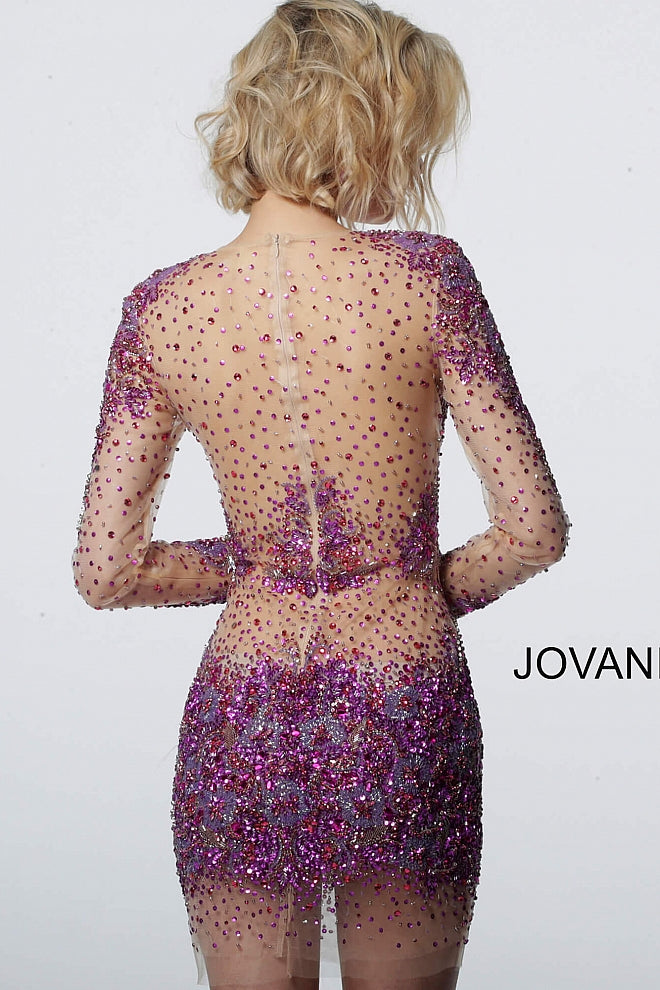 Jovani 47598 is a sheer beaded & Crystal Rhinestone Embellished short fitted cocktail dress. Featuring long sleeves & a high neckline short Formal evening gown is perfect for Prom, Pageant, homecoming & More!  Available Colors: Fuchsia/Nude, Teal/Nude  Available Sizes:  00-24