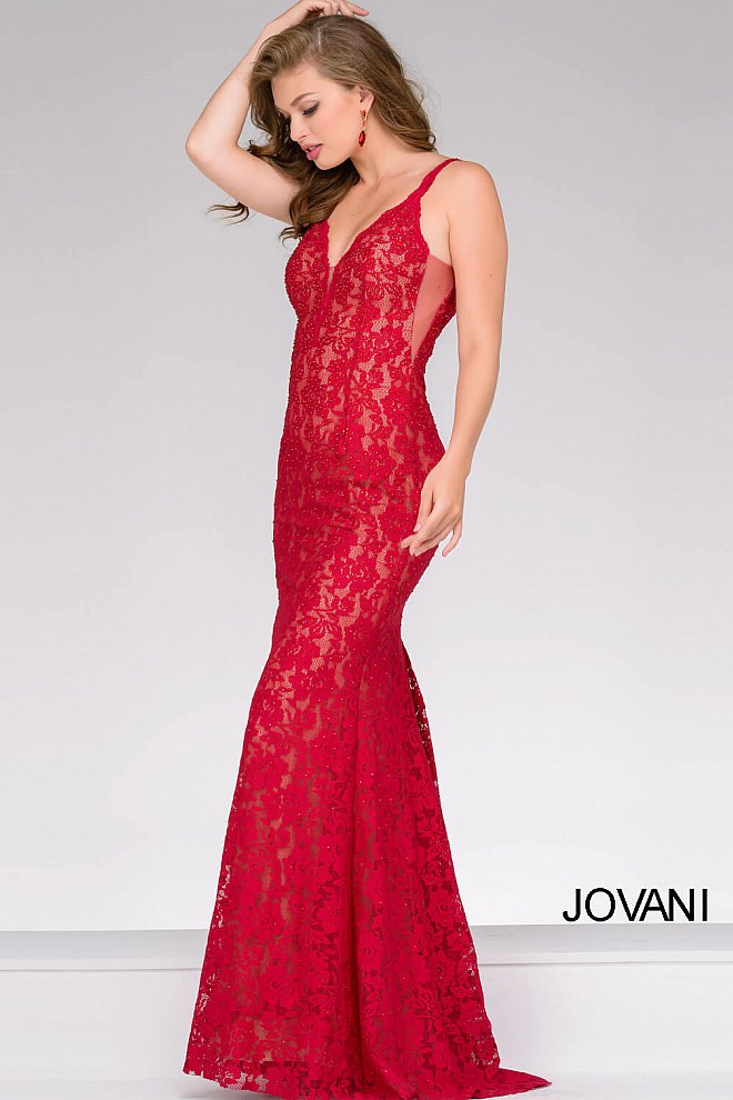 Jovani 48994 long fitted embellished lace prom dress pageant gown sweeping train