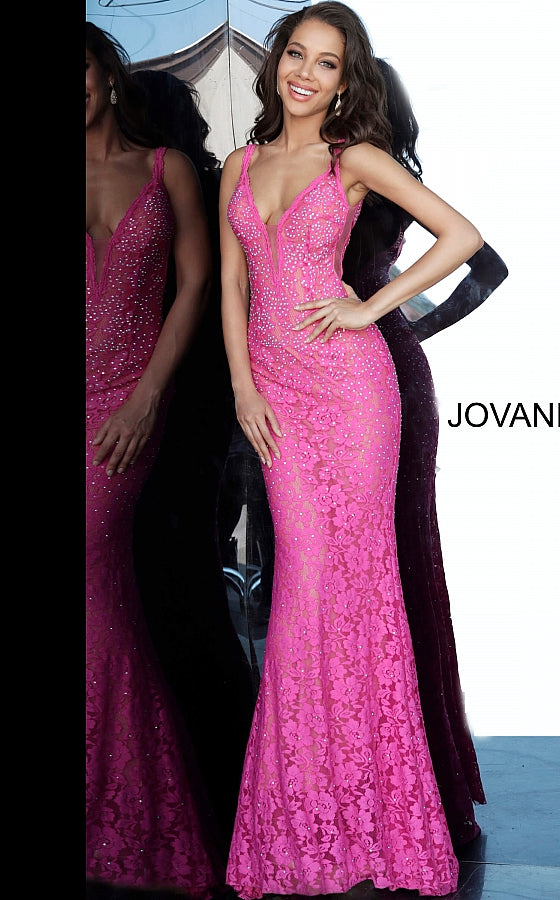 Jovani 48994 Prom Dress stretch lace embellished with heat set stones, fitted silhouette, evening gown, straps over shoulders, plunging v neckline with sheer mesh, and sheer mesh inserts along the sides, sweeping train low v back pageant gown. 