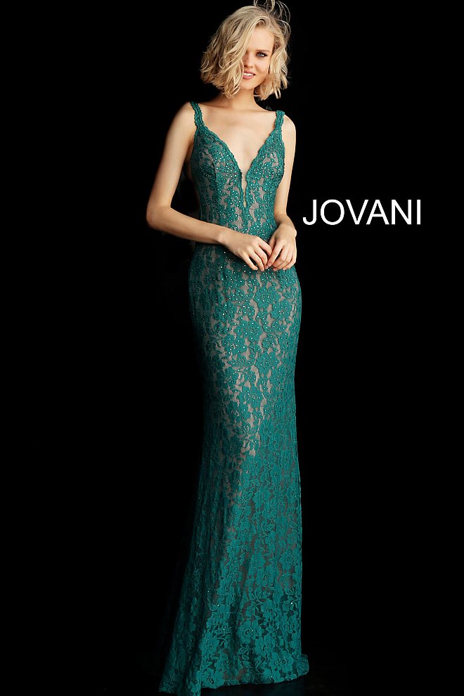 Jovani 48994 long fitted embellished lace prom dress pageant gown sweeping train