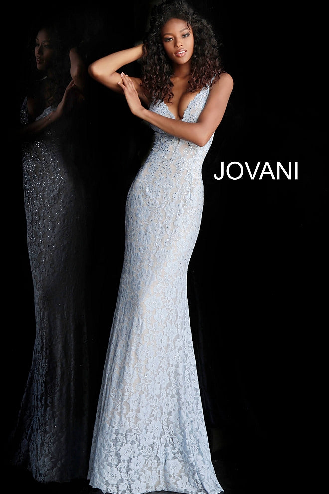 Jovani 48994 Stretch lace prom dress embellished with heat set stones, nude underlay, fitted silhouette, straps over shoulders, plunging v neckline with sheer mesh, sheer mesh inserts along the sides, sweeping train, low v back. Makes an excellent pageant gown or evening gown. 