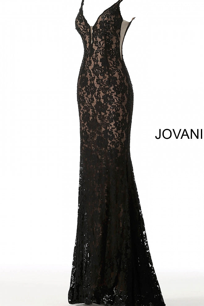 Jovani 48994 Stretch lace prom dress embellished with heat set stones, nude underlay, fitted silhouette, straps over shoulders, plunging v neckline with sheer mesh, sheer mesh inserts along the sides, sweeping train, low v back. Makes an excellent pageant gown or evening gown. 