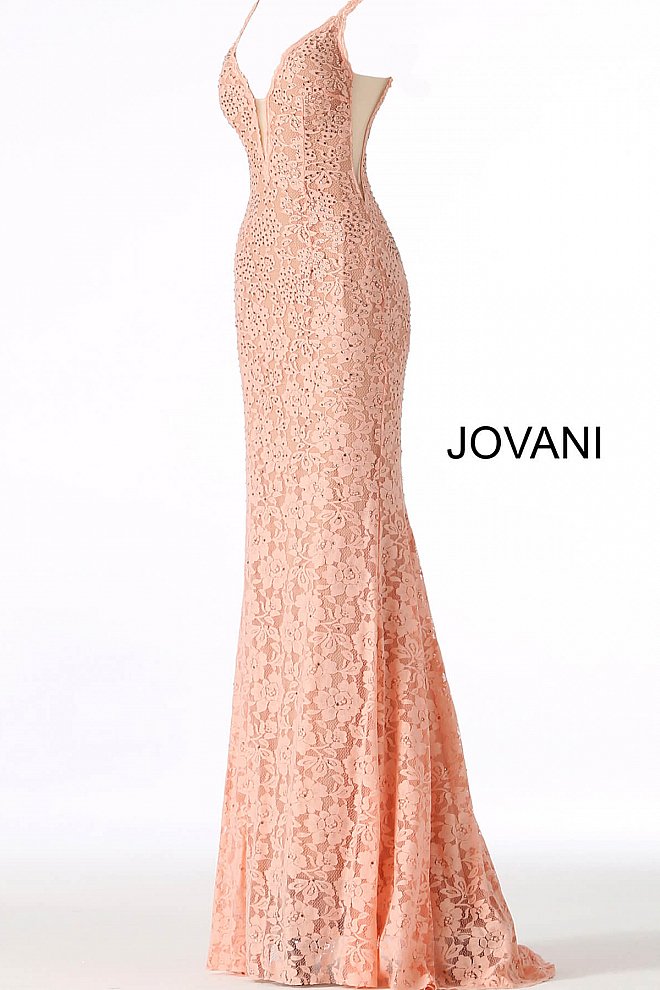 Jovani 48994 Prom Dress stretch lace embellished with heat set stones, fitted silhouette, evening gown, straps over shoulders, plunging v neckline with sheer mesh, and sheer mesh inserts along the sides, sweeping train low v back pageant gown. 