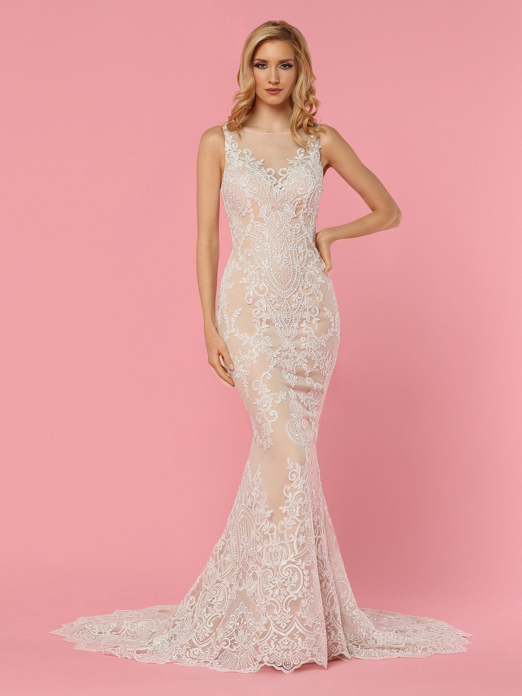 Davinci Bridal 50439 is a stunning Tulle & Lace Fit & Flare Wedding Dress features a Sheer Bateau Neckline & Sheer Back with Faux V-Neck Bodice,V-Pattern Back Detail & Covered Buttons. Skirt with Medallion Lace ends in Chapel Train.  Available for 1-2 Week Delivery!!!  Available Sizes: 2,4,6,8,10,12,14,16,18,20  Available Colors: Ivory/Nude, Ivory/Ivory