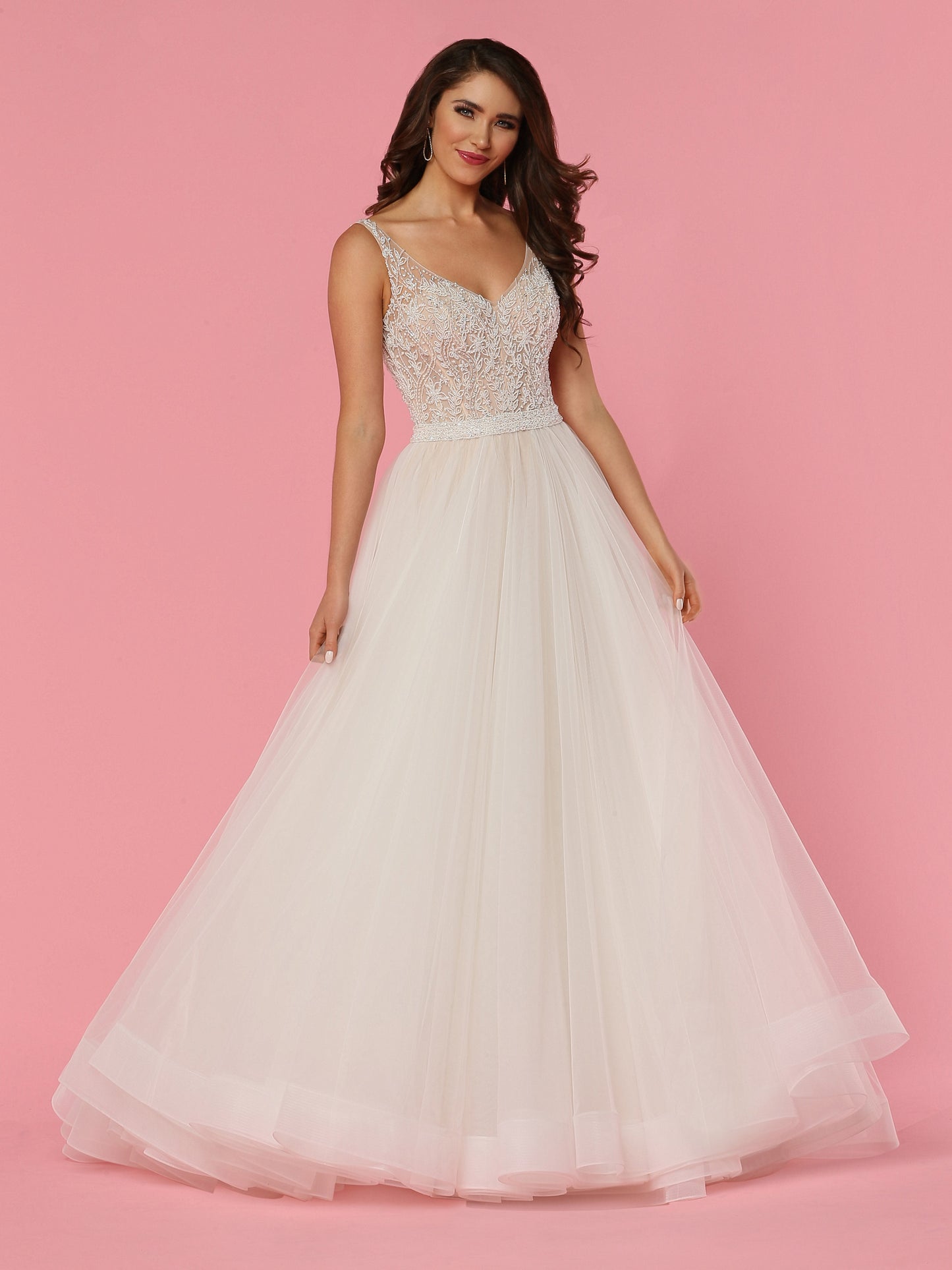 Davinci Bridal 50440 is a Tulle A-Line Wedding Dress features Beaded Bodice,Sheer Beaded Straps,Low V-Back,Covered Buttons & Beaded Waistband. Full Ball Gown Skirt with Wide Opaque Tulle Ribbon Edging ends in Chapel Train.  Fabric: Tulle  Neckline: Straps, V-Neck  Silhouette: A-Line, Natural Waist  Details: Beading, Buttons, Lace, Lace Applique  Available for 1-2 Week Delivery!!!  Available Sizes: 2,4,6,8,10,12,14,16,18,20  Available Colors: Ivory/Blush, Ivory/Ivory