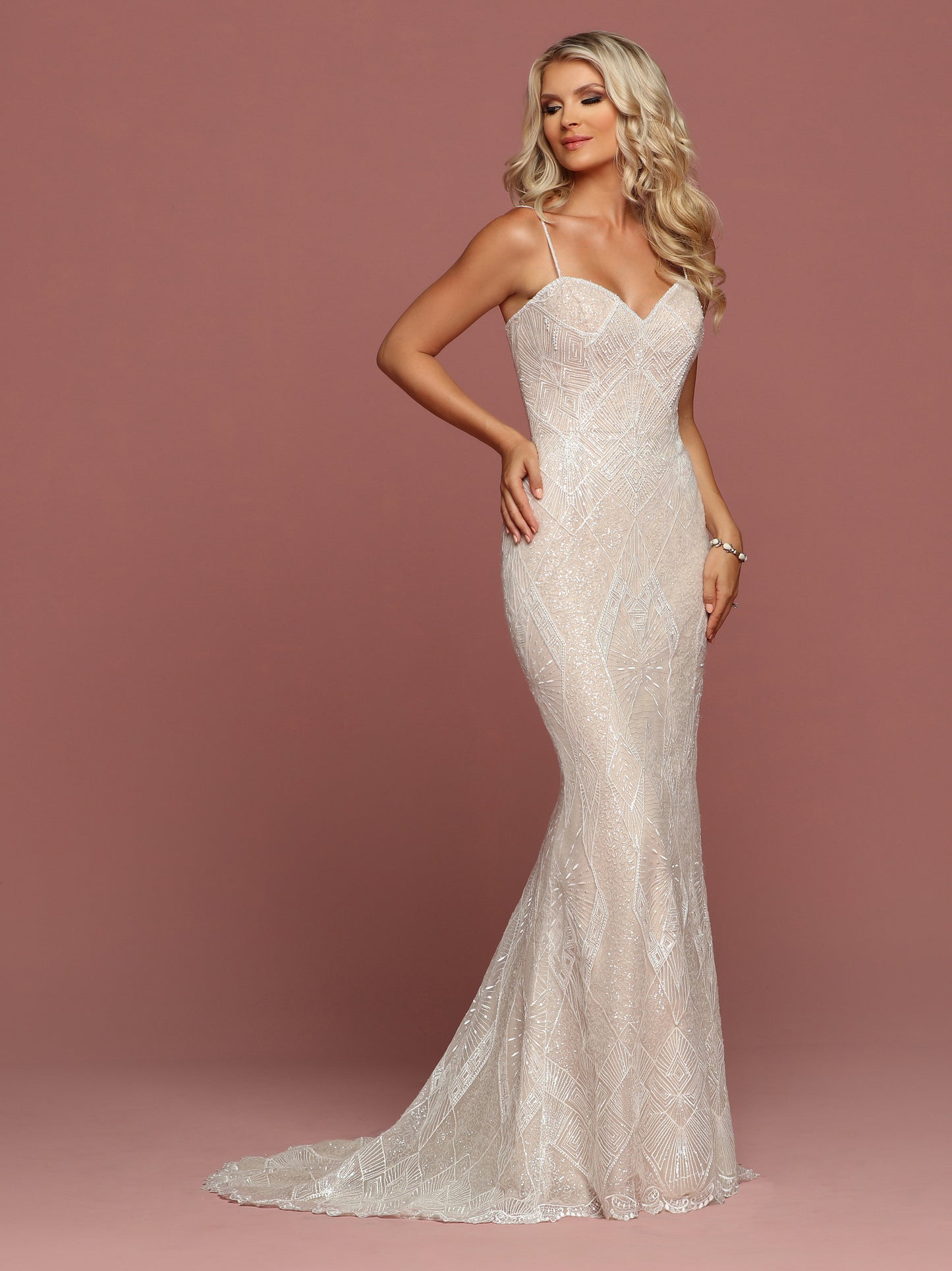 Davinci Bridal 50480 is a Fitted Hand Embellished Wedding Dress. Featuring a sweetheart neckline with Embellished Spaghetti Straps. Eyelash Lace Edge along the hem and train.  Available for 1-2 Week Delivery!!!  Available Sizes: 2,4,6,8,10,12,14,16,18,20  Available Colors: Ivory/Topaz, Ivory/Ivory