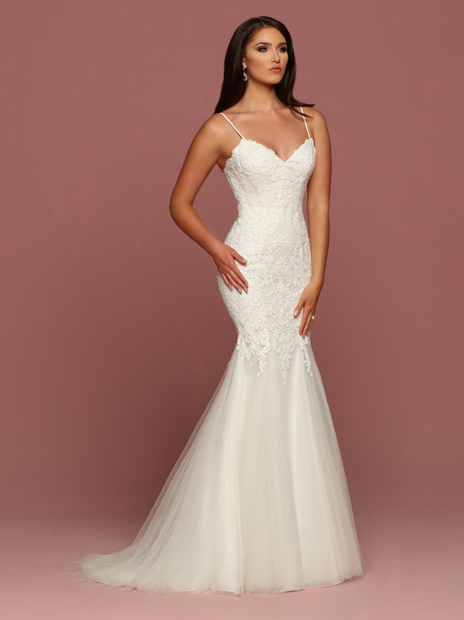 Davinci Bridal 50498 is a Fitted Mermaid Wedding dress. The bodice is adorned with lace that cascades into the tulle trumpet skirt. V Neck with spaghetti straps.  Available for 1-2 Week Delivery!!!  Available Sizes: 2,4,6,8,10,12,14,16,18,20  Available Colors: Ivory