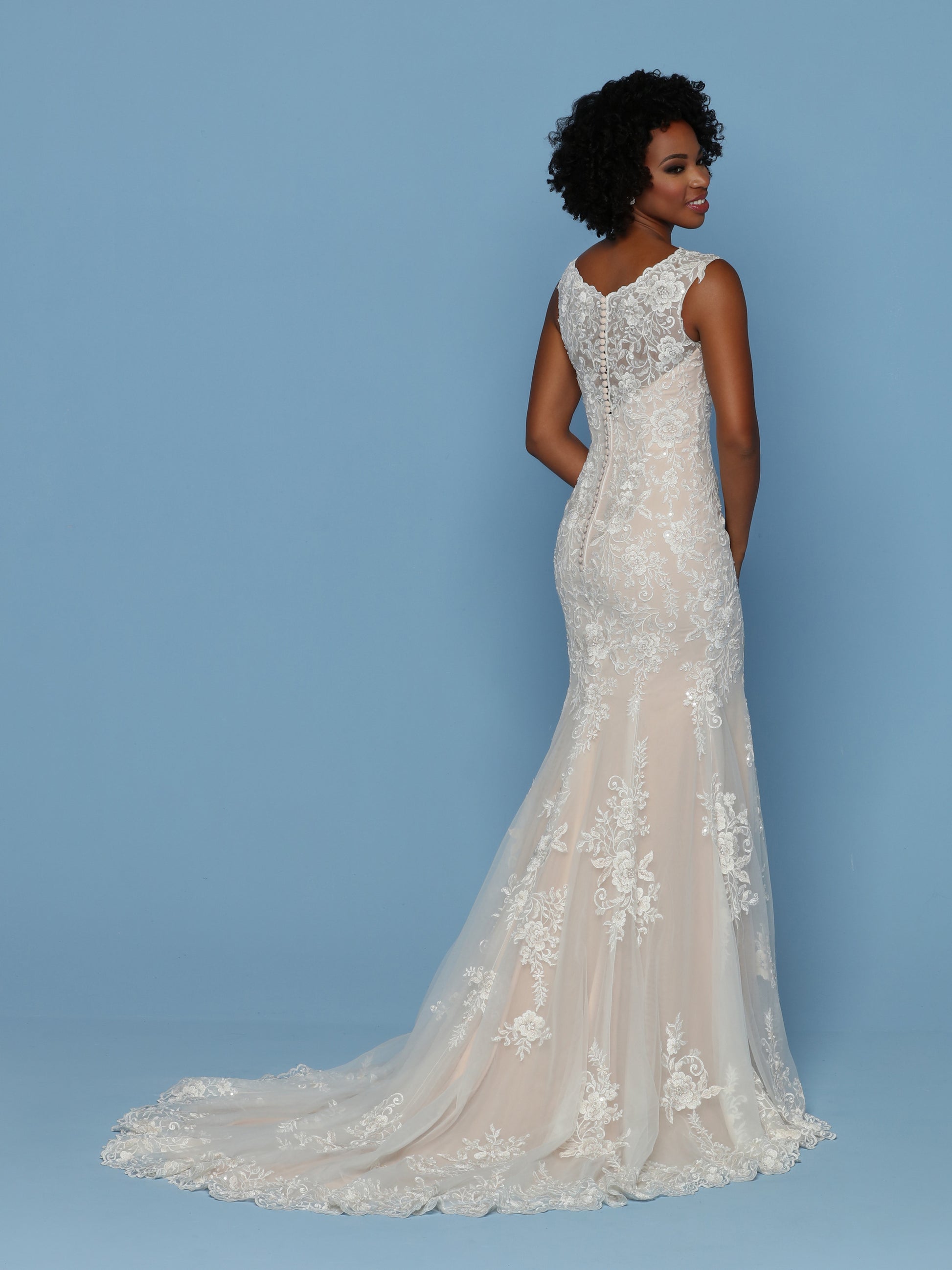 Davinci Bridal 50542 is a fitted Mermaid Wedding dress with beaded lace & Tulle. Features a lace edge V Neck with thick straps leading to a sheer lace illusion back. Buttons line the back seam. full lush trumpet skirt with a detailed lace edge along hem & train.   Available for 1-2 Week Delivery!!!  Available Sizes: 2,4,6,8,10,12,14,16,18,20  Available Colors: Ivory/Ivory, Ivory/Rose