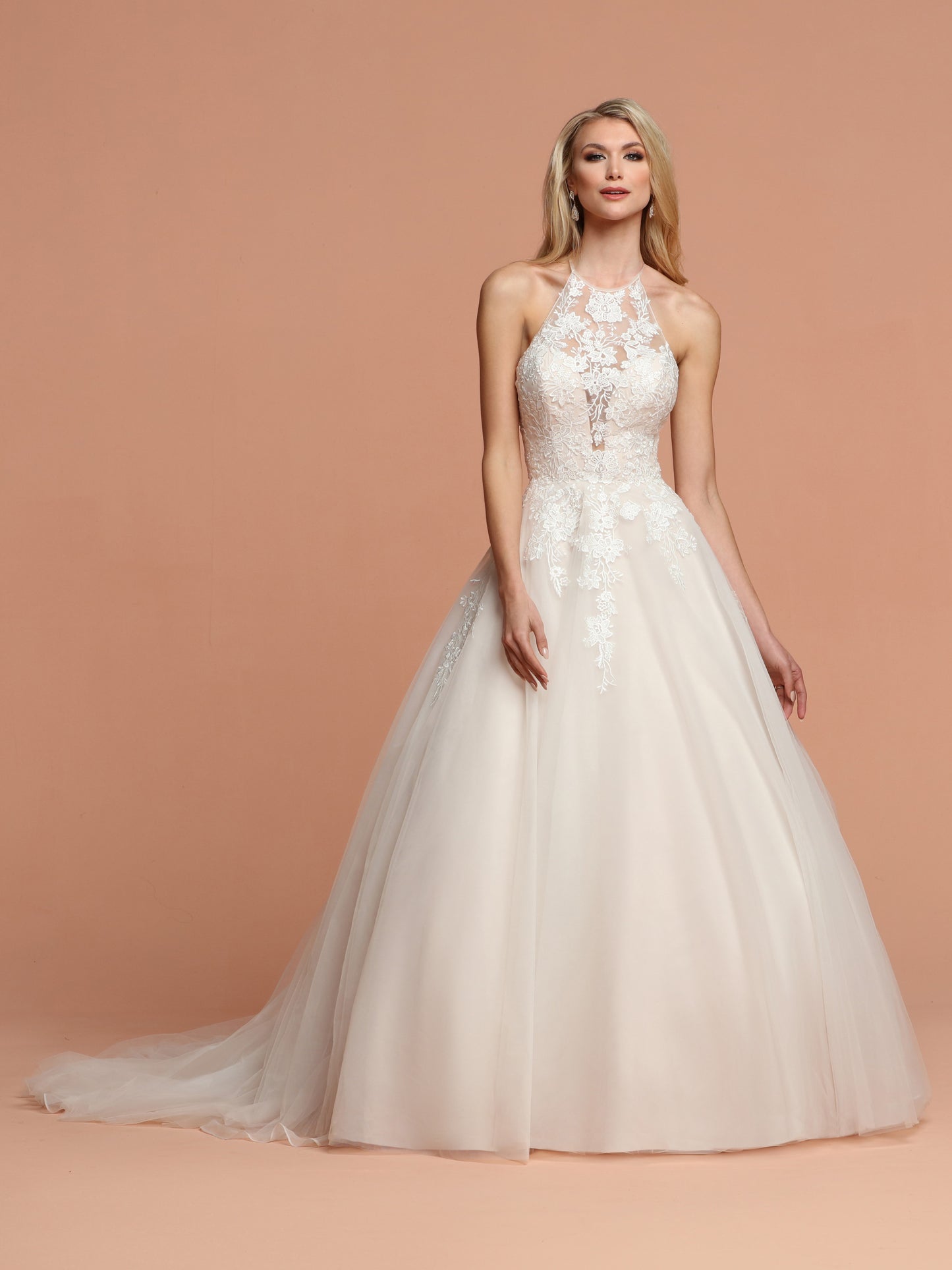 Davinci Bridal Style 50598 is a long Tulle Ballgown with a sheer Embroidered lace high neckline overlaying a plunging neckline and sheer lace wrap around straps with an open back. full soft tulle skirt features a beautiful train.  Available for 1-2 Week Delivery!!!  Available Sizes: 2,4,6,8,10,12,14,16,18,20  Available Colors: Ivory/Blush, Ivory/Ivory