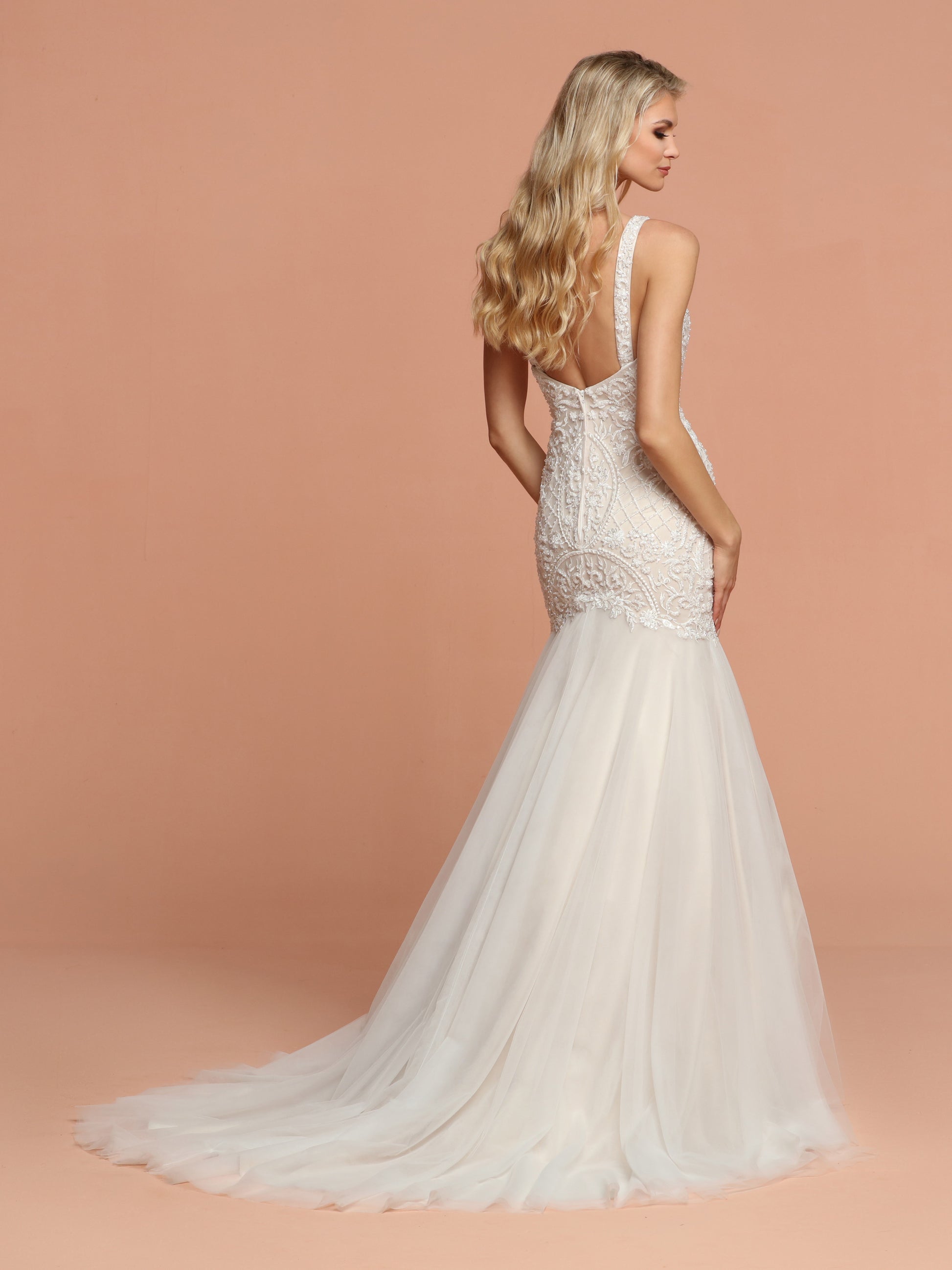 Davinci Bridal Style 50600 is a Long Fitted Mermaid Silhouette Wedding Dress with a sweetheart neckline with an embroidered Bodice with Embellishments. Wide straps with an open back. Full Soft Tulle Fit & Flare skirt has a lovely tulle train  Available for 1-2 Week Delivery!!!  Available Sizes: 2,4,6,8,10,12,14,16,18,20  Available Colors: Ivory/Nude, Ivory/Ivory