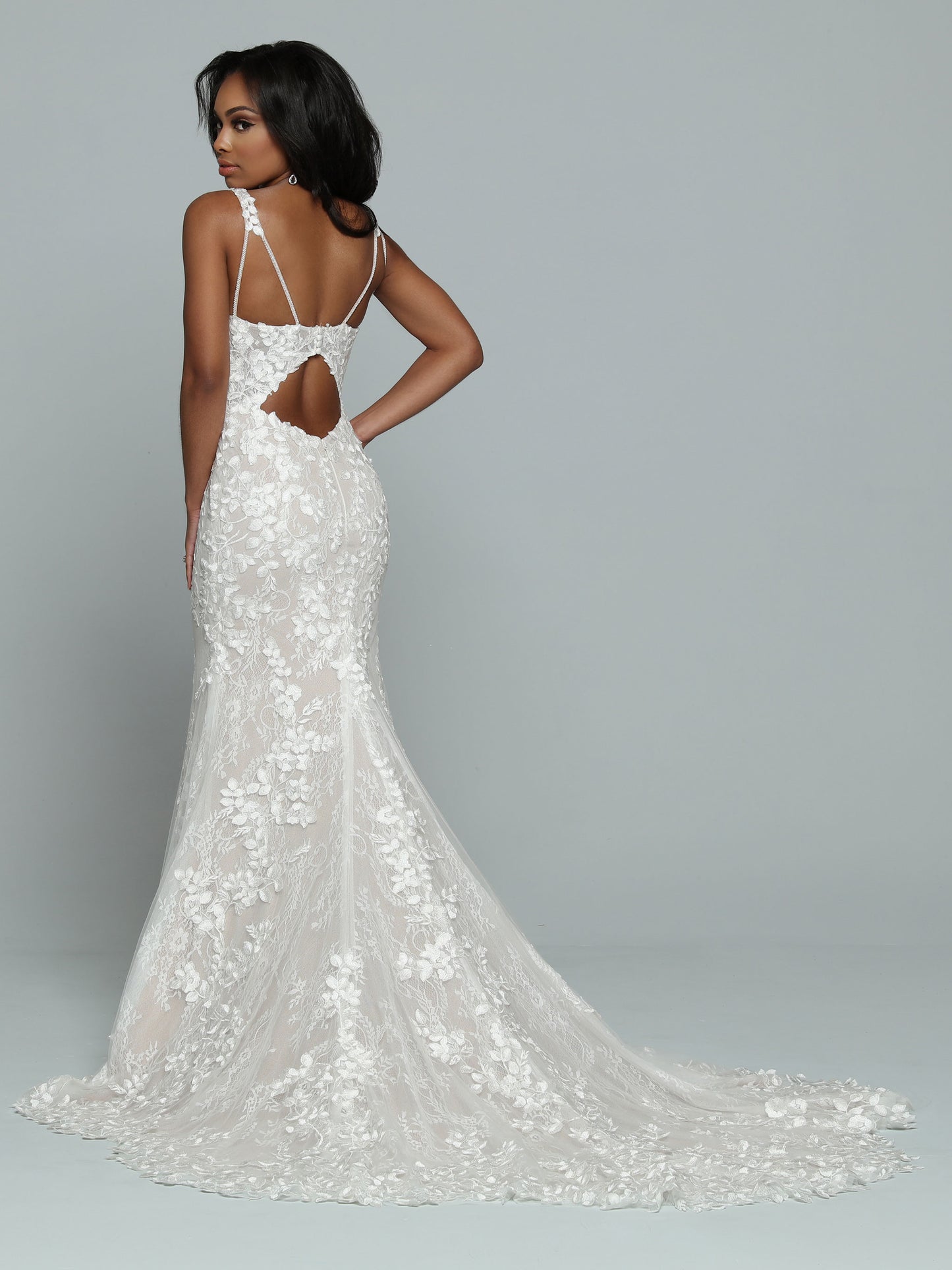 Davinci Bridal 50674 Long Fitted Lace Mermaid Wedding Dress Cut Out Back Bridal Gown Lace & Tulle Fit & Flare Sheath Wedding Dress features a Minimalist Silhouette with a Unique Strap Design. Double Spaghetti Straps Split at each Shoulder to create a One-of-a-Kind Triangle Design above a Low Back Keyhole. The Bodice with its Sweetheart Neckline has Allover Lace Applique that also Highlights the Skirt & Chapel Length Train.