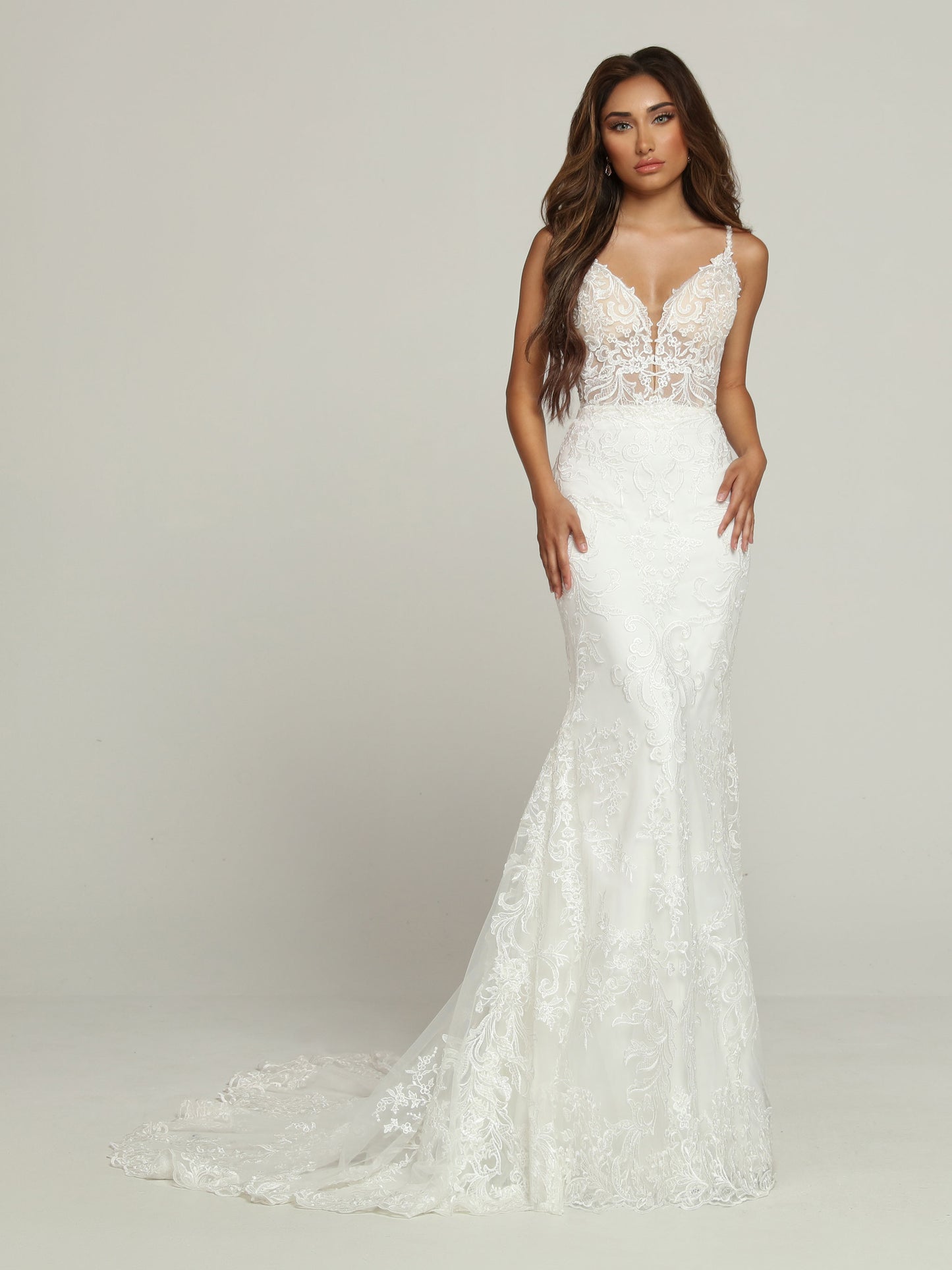 Davinci Bridal 50700 Long Sheer Lace V Neck Wedding Dress Flare Bridal Gown Cutout Back A Peek-a-Boo Back makes this Lace Sheath Fit & Flare Wedding Dress truly Runway Worthy. The Sheer Lace Bodice has a Plunging V-Neckline & Narrow Shoulder Straps. Triangle Shaped Bodice Sides connect to create a Double Keyhole over an Open Back. The Form-Fitting Fit & Flare Skirt ends in a Chapel Train.