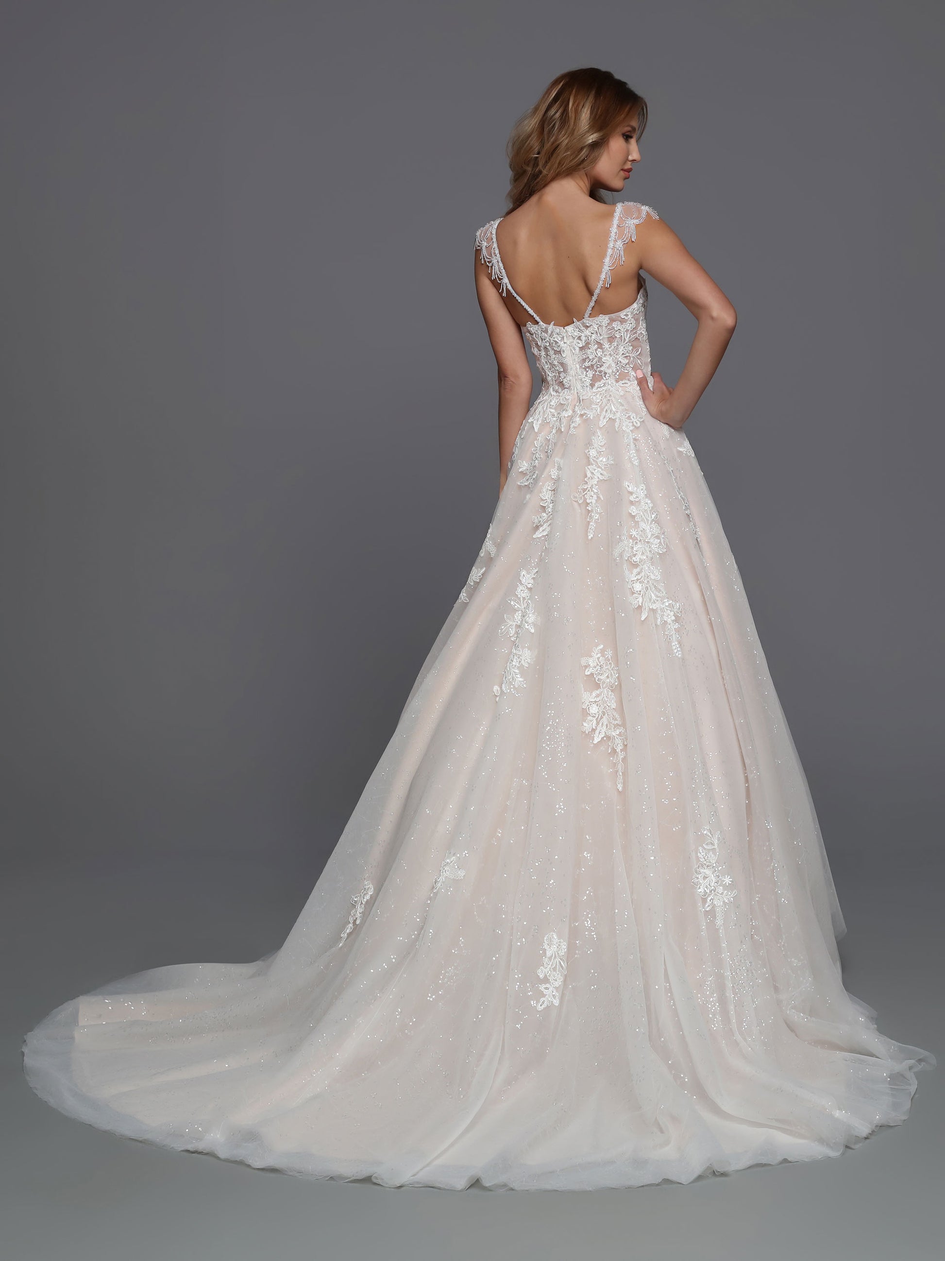 Davinci Bridal 50741 Sheer Lace Ballgown Bridal Gown Sequin Crystal Drape Sleeves Wedding Dress  Available Sizes: 2-30  Available Colors: Ivory/Blush, Ivory/Ivory