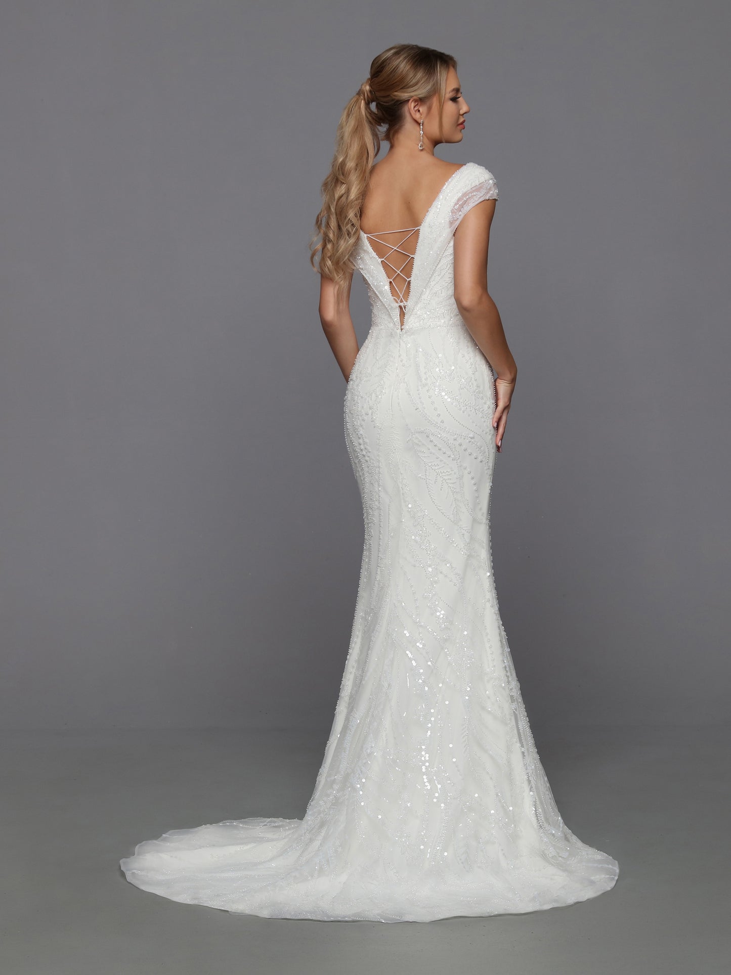 Davinci Bridal 50762 Long fitted Beaded Sequin Mermaid Bridal Gown with detachable  Overskirt off the Shoulder Cap sleeves and a corset lace up back.  Sizes: Ivory  Colors: 0-28