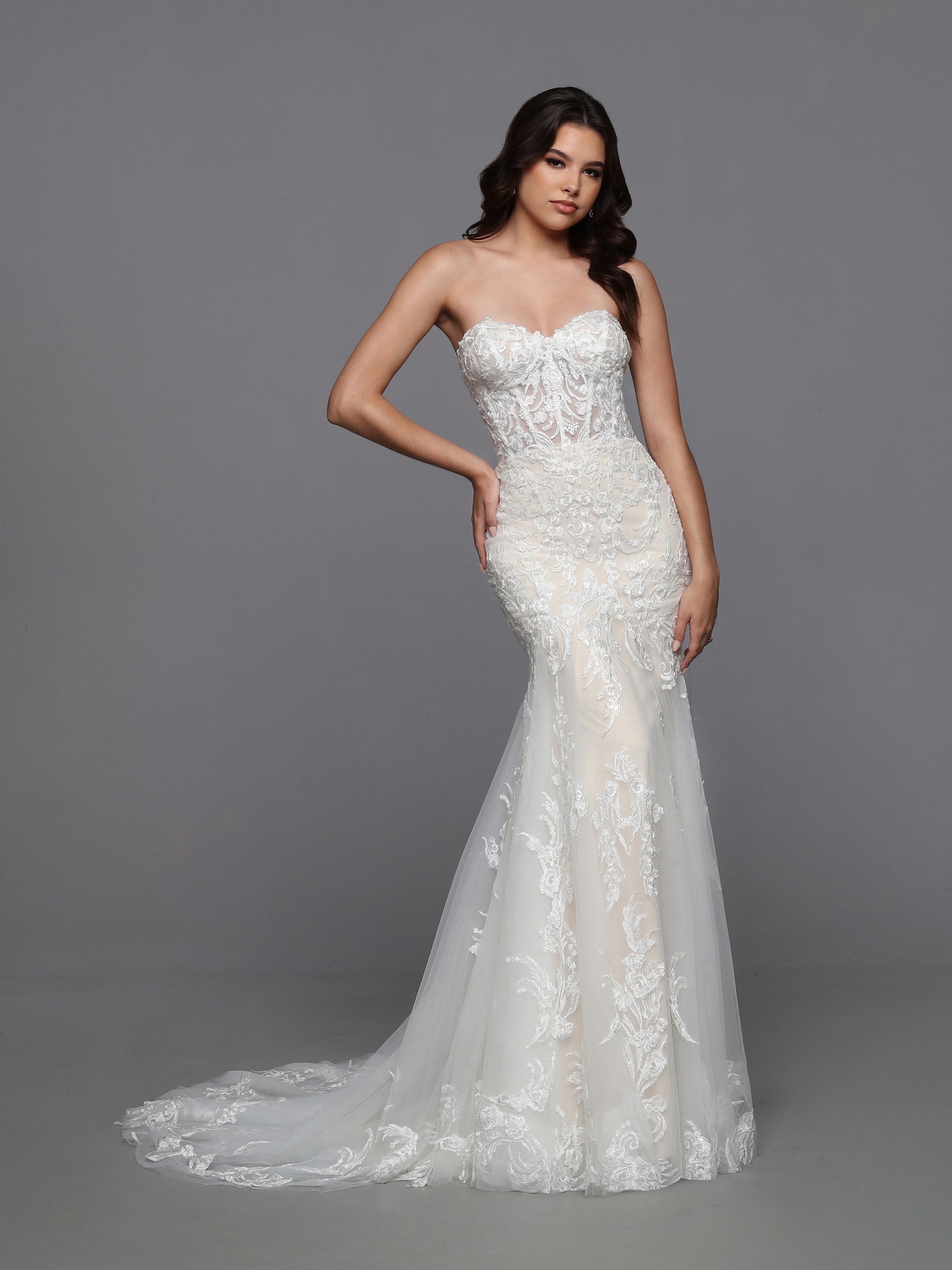 Davinci Bridal 50774 Long Sleeve Sheer Corset Lace Mermaid Wedding Dress Bridal Gown Remove the full-length sheer lace sleeves of this lovely fit and flare gown to reveal a tempting strapless sweetheart bodice with a corset back and a sweeping mermaid-style skirt.