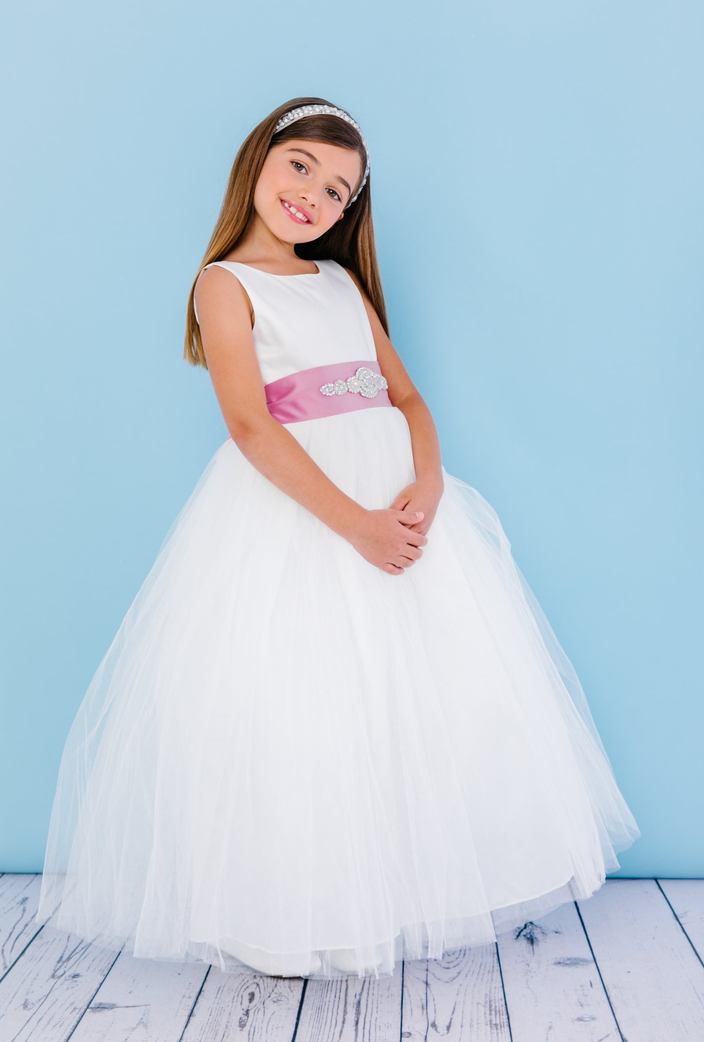 Rosebuds 5123 size White Long Ballgown Flower Girl Dress Satin Sash First Communion