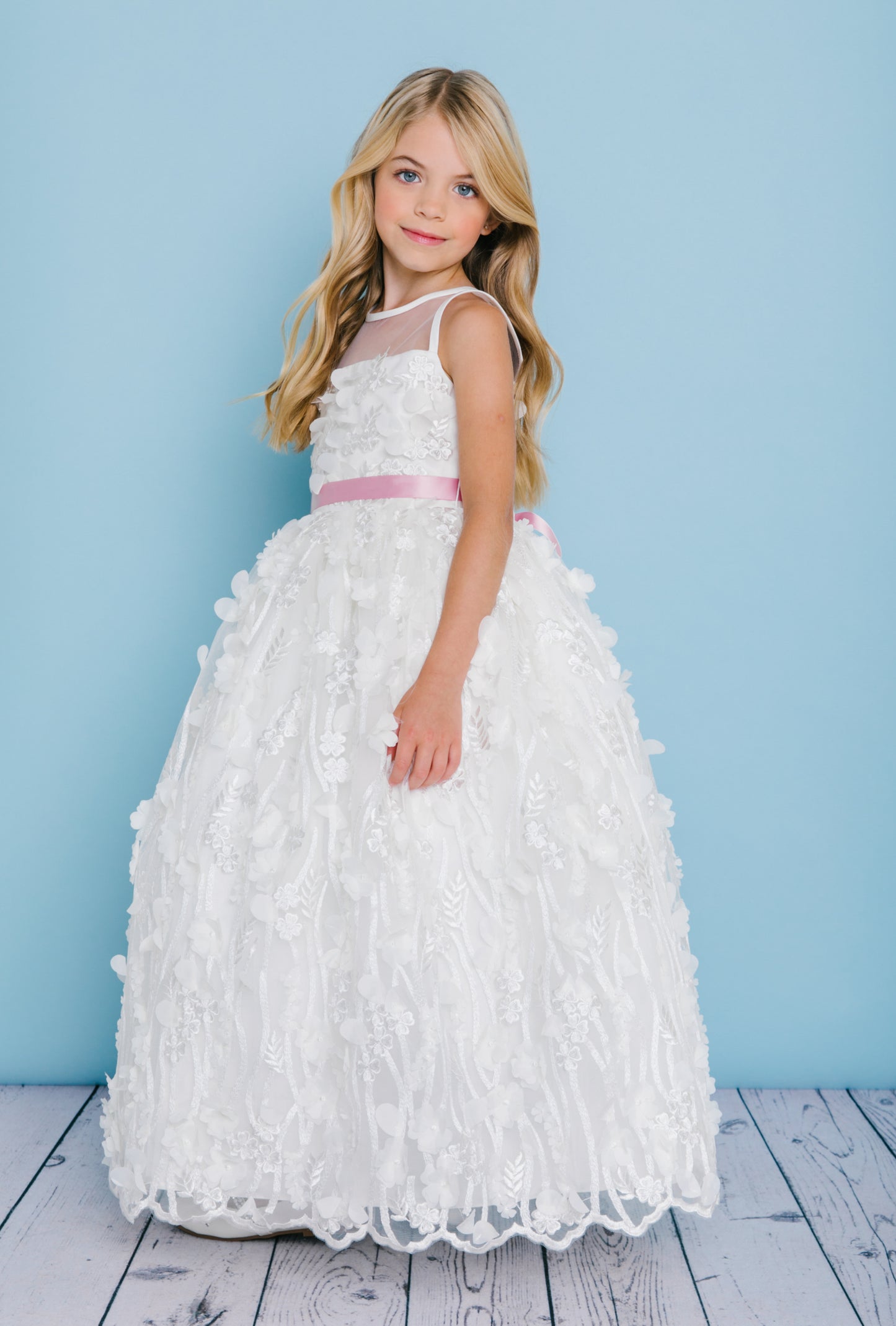 Rosebuds 5133 Size 6 Blush Long Floral Applique Flower Girl Dress Lace Ballgown Formal