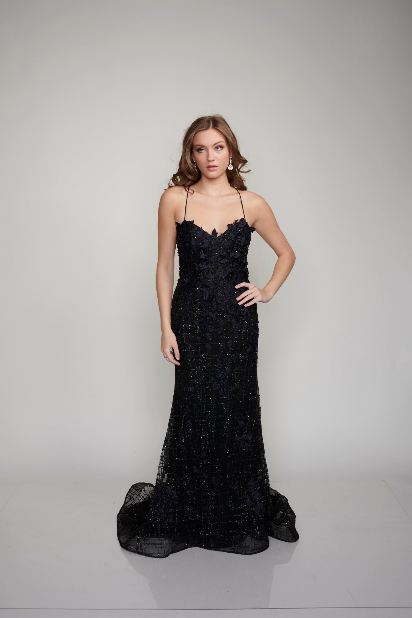 Nina Canacci 5209 Long Glitter Lace Formal Prom Dress Pageant Gown Backless Corset 3D Floral Lace  Available Size- 0-18  Available Color- Black, Red