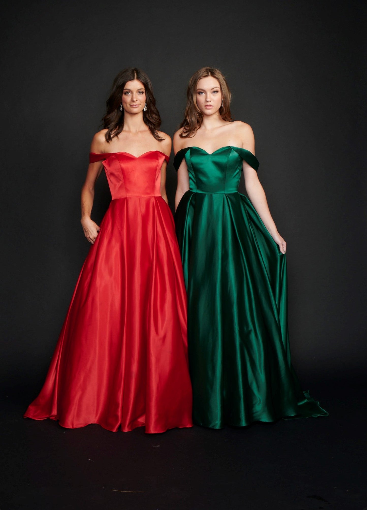 Nina Canacci 5214 Long Satin off the shoulder Ballgown Prom Dress Pageant Gown Pockets  Available Size- 4-24  Available Color-Red, Emerald 