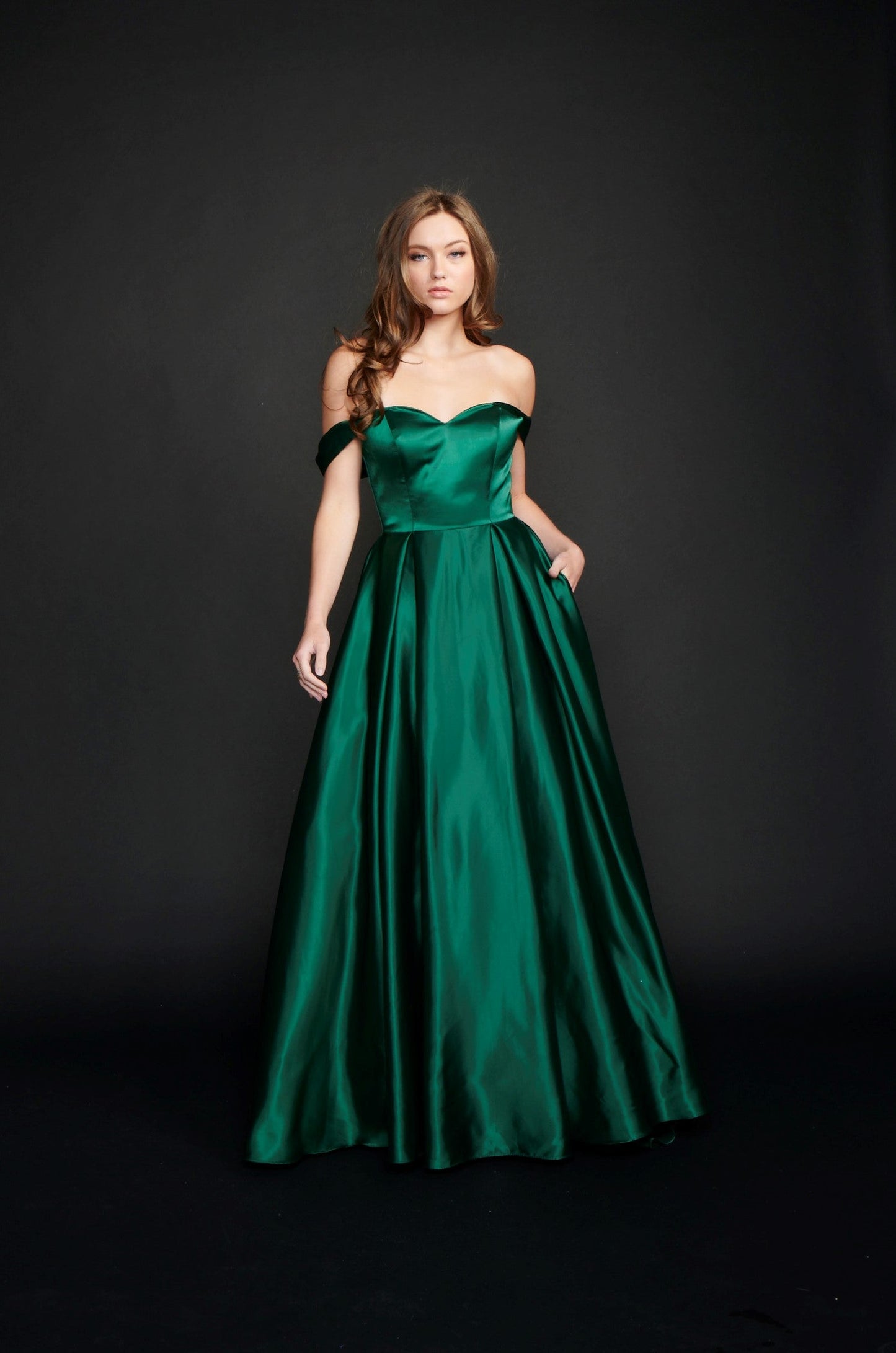 Nina Canacci 5214 Long Satin off the shoulder Ballgown Prom Dress Pageant Gown Pockets  Available Size- 4-24  Available Color-Red, Emerald 