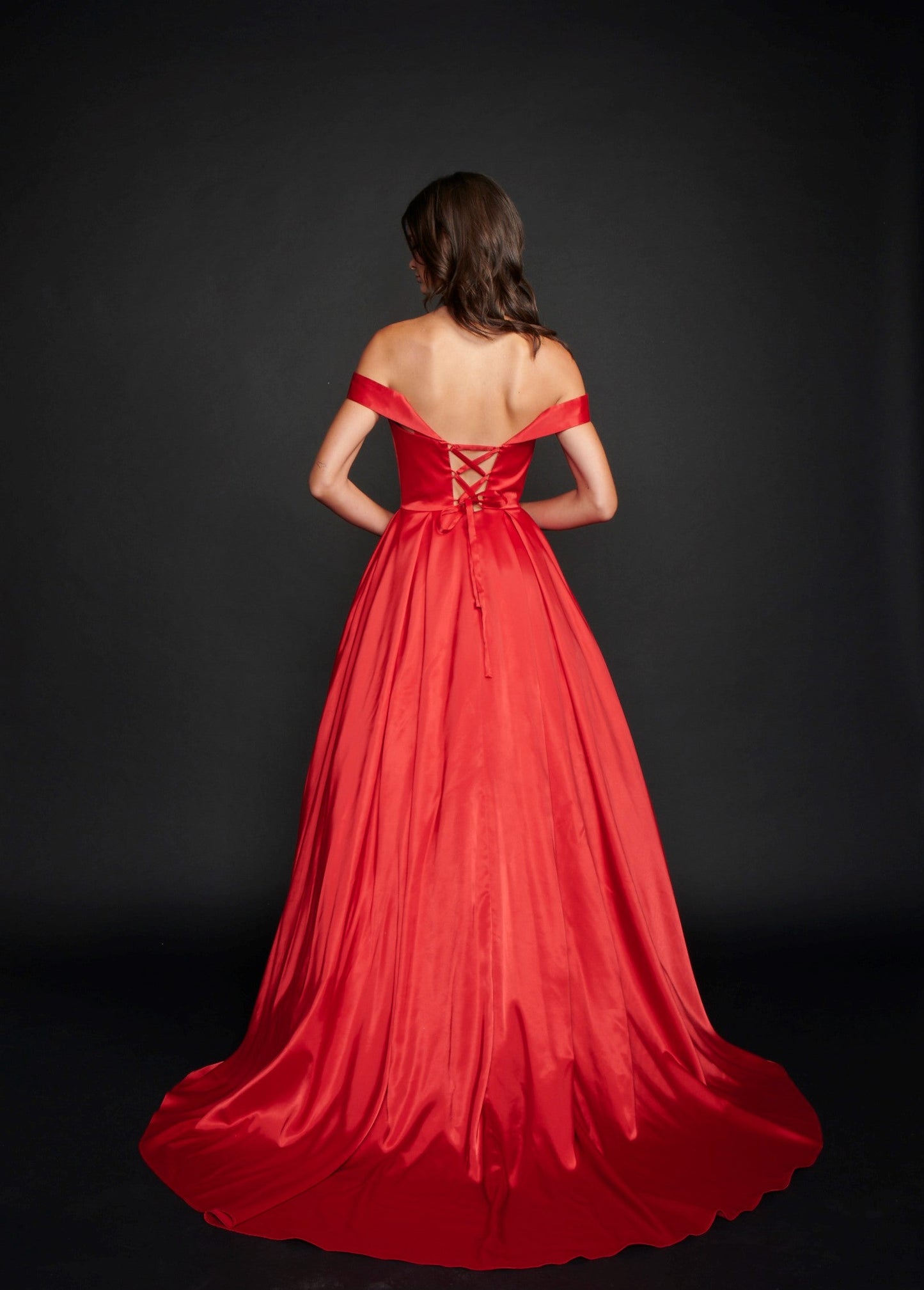 Nina Canacci 5214 Long Satin off the shoulder Ballgown Prom Dress Pageant Gown Pockets  Available Size- 4-24  Available Color-Red, Emerald 