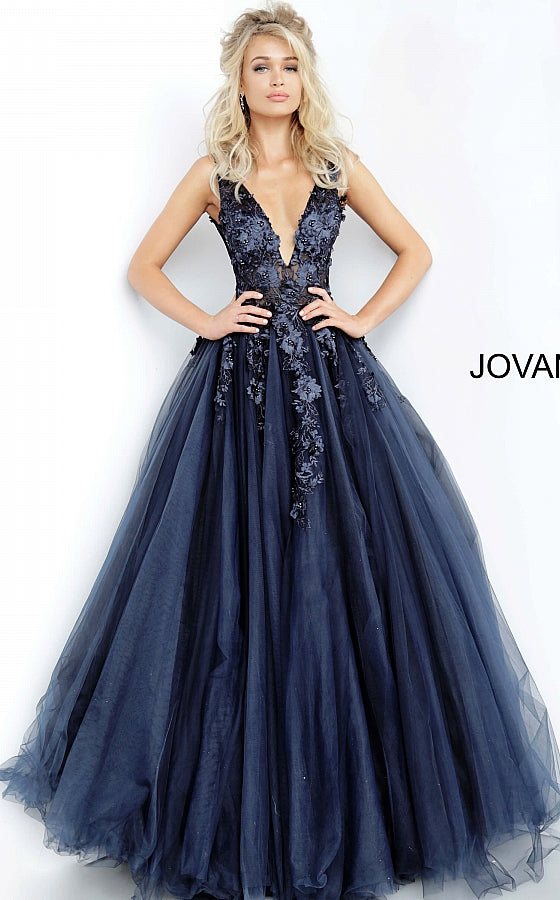 Jovani 55634 floral appliques v neckline prom dress ballgown Tulle ballgown, floor length, floral appliques, sheer sleeveless bodice, bra cups, v neckline and back.  Available Colors: black, champagne, navy/black, off white/blush, off white/light blue, off white/off white, off white/yellow, off white/ lilac, red, teal  Available Sizes: 00 - 24