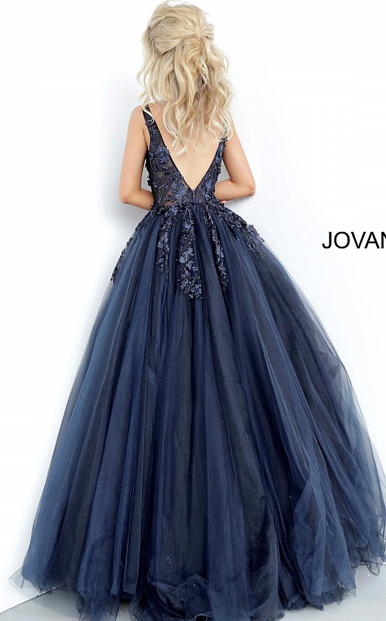 Jovani 55634 floral appliques v neckline prom dress ballgown Tulle ballgown, floor length, floral appliques, sheer sleeveless bodice, bra cups, v neckline and back.  Available Colors: black, champagne, navy/black, off white/blush, off white/light blue, off white/off white, off white/yellow, off white/ lilac, red, teal  Available Sizes: 00 - 24