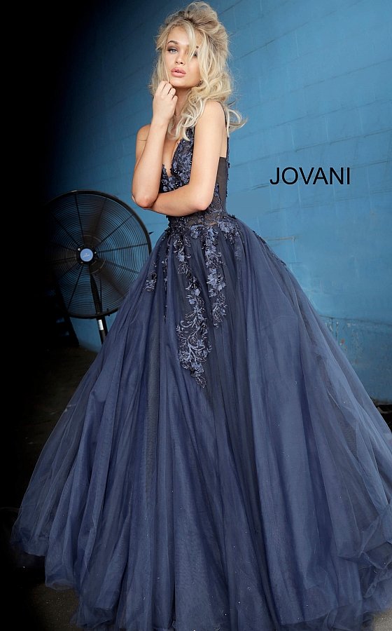 Jovani 55634 floral appliques v neckline prom dress ballgown.  Tulle ballgown, floor length, floral appliques, sheer sleeveless bodice, bra cups, v neckline and back.  Available Colors: champagne, navy/black, off white/blush, off white/light blue, off white/off white, off white/yellow, off white/ lilac, red, teal, black/black,   Available Sizes: 00 - 24