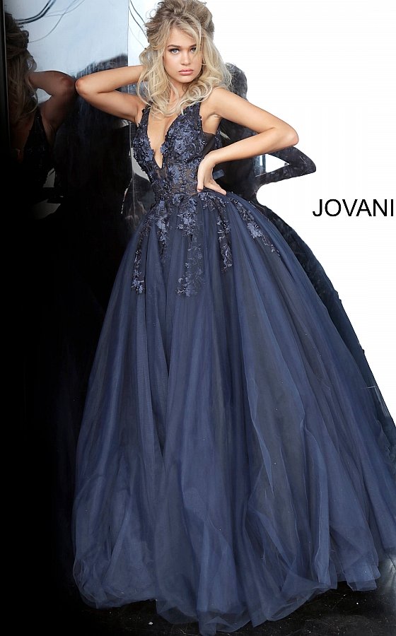 Jovani 55634 floral appliques v neckline prom dress ballgown Tulle ballgown, floor length, floral appliques, sheer sleeveless bodice, bra cups, v neckline and back.  Available Colors: black, champagne, navy/black, off white/blush, off white/light blue, off white/off white, off white/yellow, off white/ lilac, red, teal  Available Sizes: 00 - 24